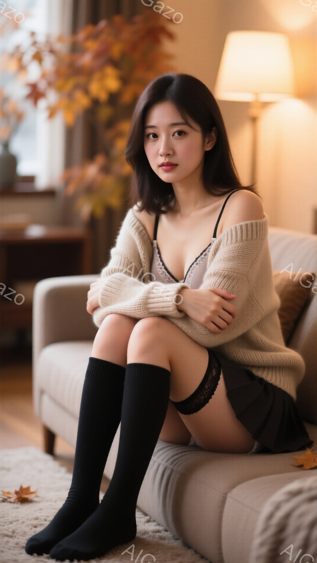 長いダークヘアの女性が、ベージュのカーディガン、繊細なレースのキャミソール、黒いニーハイソックス、短いスカートを着てソファに座っています。彼女は両腕を膝の上に置き、控えめな表情でこちらを見ています。背景には、葉っぱの飾りが施された窓と、ほのかな光を放つテーブルランプがあり、暖かく心地よい雰囲気を作り出しています。