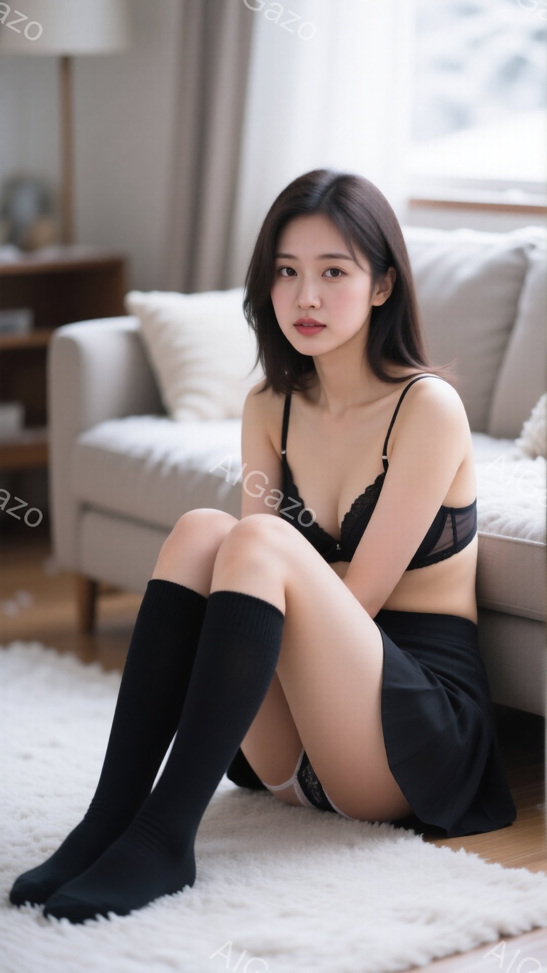 長いダークヘアの女性が、膝を曲げて白いラグの上に座っています。黒いレースのブラとスカート、そして黒いハイソックスを身に着けており、少し物憂げな表情をしています。背景には、淡い色のソファと窓があり、リビングルームのような室内空間です。