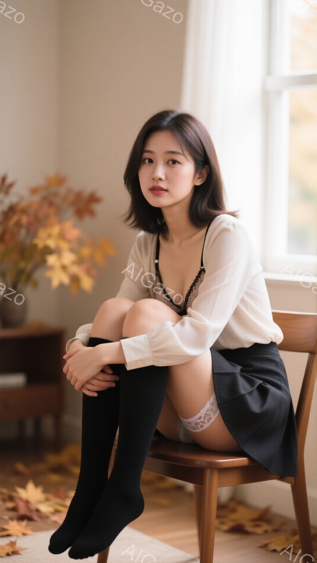 明るい窓辺の椅子に座る若い女性が写っている。オフホワイトの透け感のあるブラウスと黒のミニスカート、黒のニーハイソックスを着用し、膝を抱えて微笑んでいる。背景には黄色の葉が散らばり、秋の暖かく穏やかな雰囲気を醸し出している。