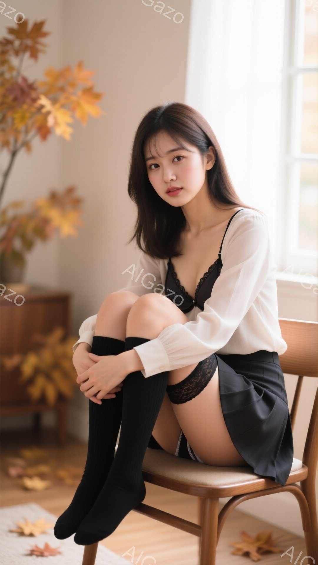 長いダークブラウンの髪をした若い女性が椅子に座っています。白いブラウスと黒のレースのキャミソール、プリーツのミニスカート、黒のニーハイソックスを身に着けており、膝を抱えて少し内気な表情をしています。背景には木製の椅子、植物、そして落ち葉が見え、温かみのある室内空間が秋の雰囲気を醸し出しています。