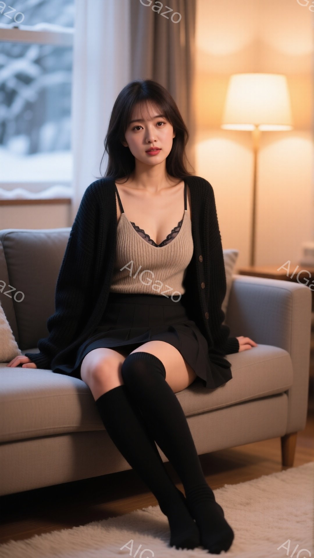 長い黒髪で、前髪は眉毛にかかるようにカットされた女性が、ベージュのキャミソール、黒のカーディガン、黒のミニスカート、そして黒の膝丈ソックスを身に着けてソファに座っています。彼女はリラックスした姿勢で、 - AI生成フリー素材