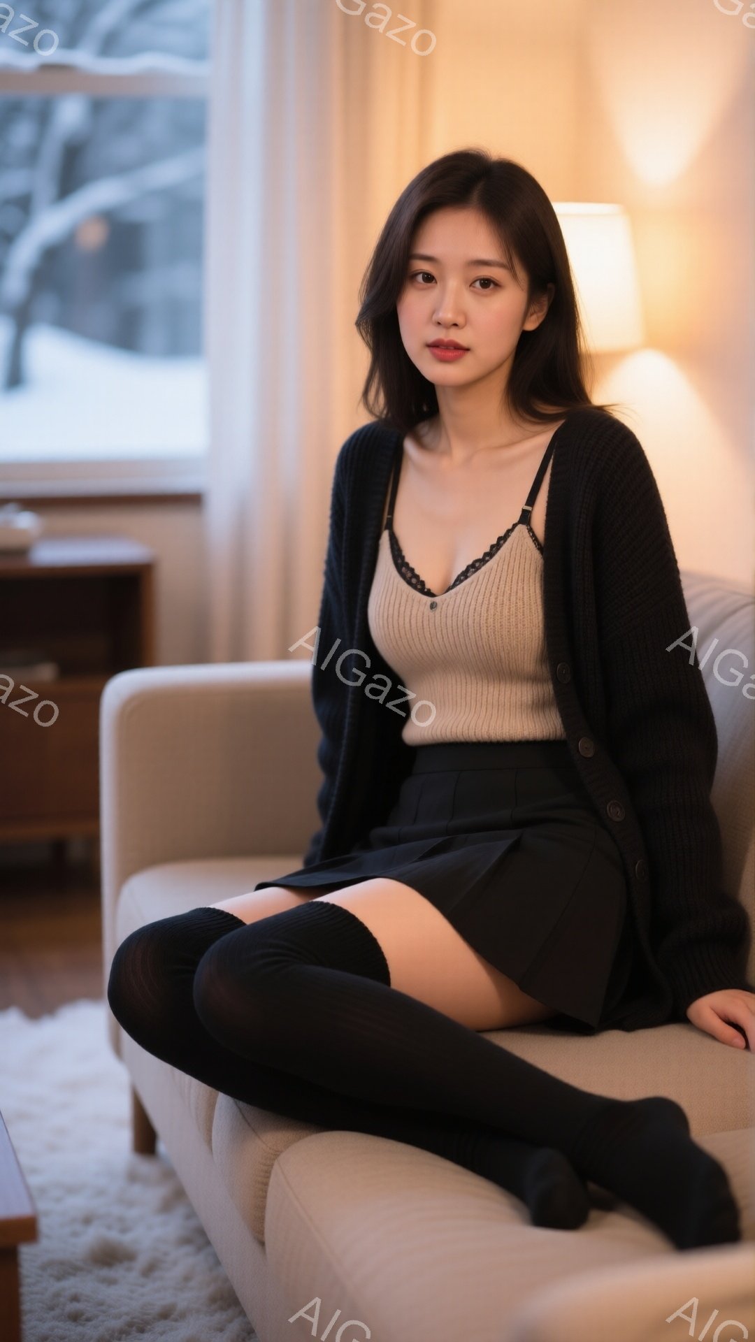 長い黒髪を無造作に垂らし、ベージュのキャミソールに黒のカーディガンを羽織った女性が、クリーム色のソファに座っています。黒いミニスカートとニーハイソックスを合わせ、膝を曲げてリラックスしたポーズをとって - AI生成フリー素材