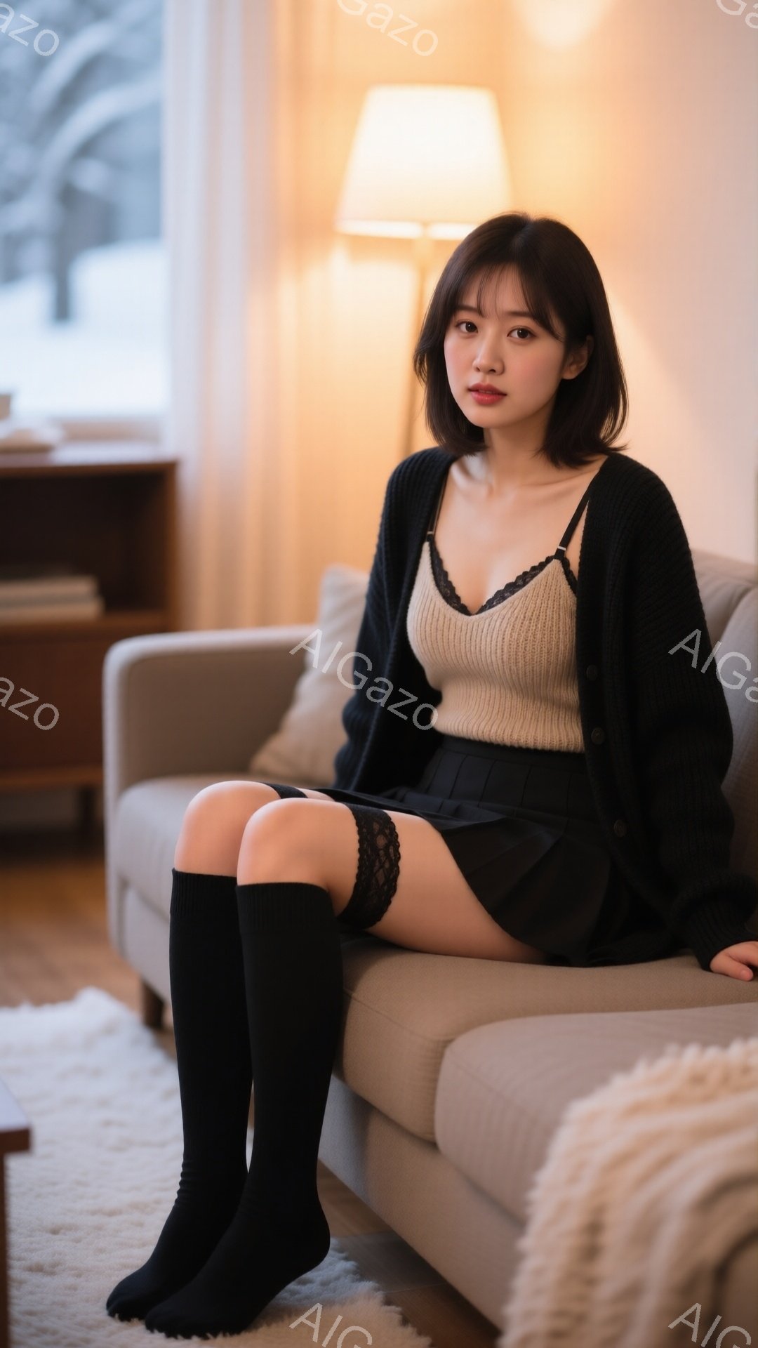 長いダークブラウンの髪を肩のあたりで切りそろえた若い女性が、ベージュのソファに座っています。ベージュのキャミソールに黒のカーディガン、黒のミニスカートと膝丈の黒いソックスを着用し、退屈そうな表情をしています。背景にはぼやけた室内、本棚と暖色の照明が見え、落ち着いた雰囲気です。