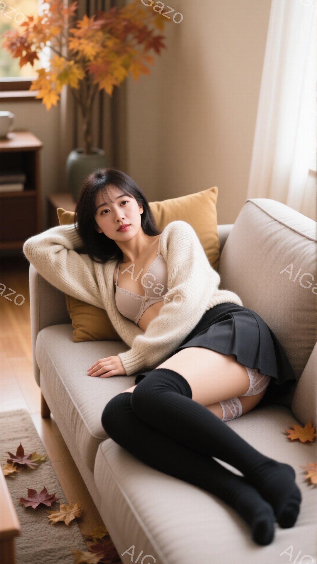 長い黒い靴下とミニスカートを着用した若い女性が、オフホワイトのカーディガンとレースのブラレットを着てソファに横たわっています。彼女はリラックスした表情で、片手を頭の後ろに当ててポーズをとっています。背 - AI生成フリー素材