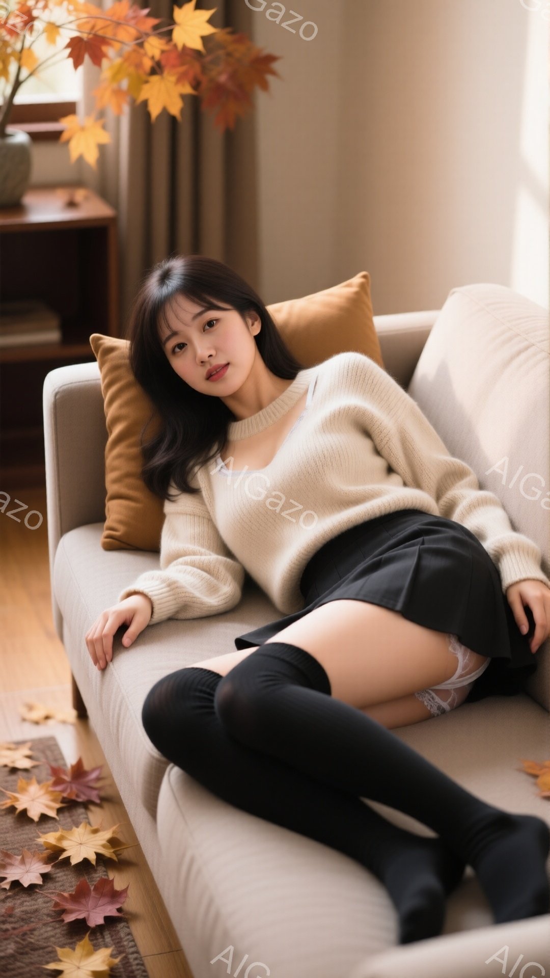 長い黒髪の女性がベージュのソファに横たわり、ゆったりとしたセーターと黒いミニスカート、太もも丈の靴下を身に着けています。彼女は穏やかな表情でカメラを見つめ、背後にはオレンジ色のクッションと、落ち葉が散 - AI生成フリー素材