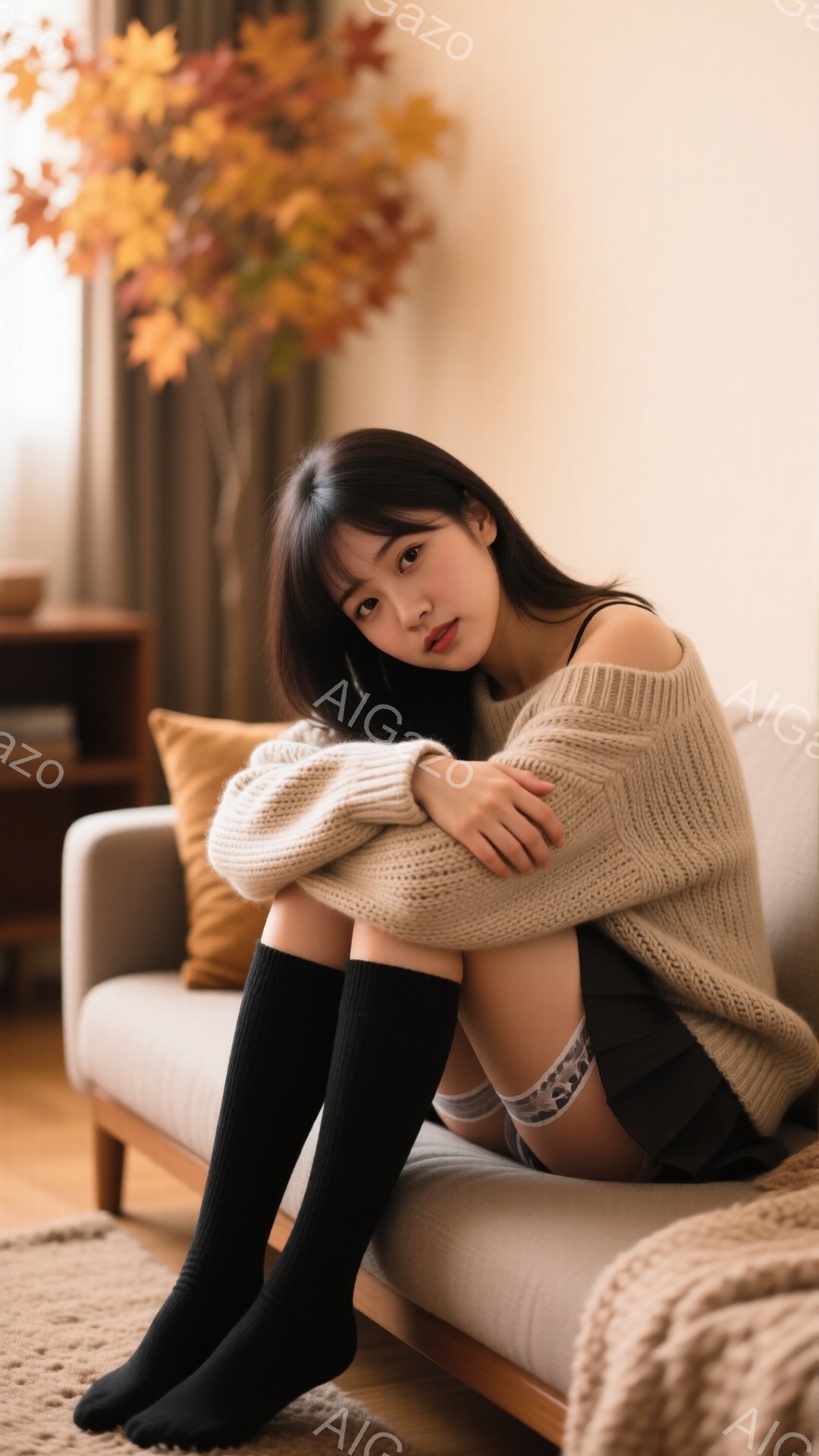 長い黒髪の女性がベージュのソファに膝を抱えて座っています。オフホワイトのざっくりとしたニットセーターと黒いニーハイソックス、そして短いグレーのスカートを着用しており、表情はわずかに微笑んでいます。背景にはオレンジ色のクッションと木製の棚が見え、暖かく穏やかな雰囲気が漂っています。