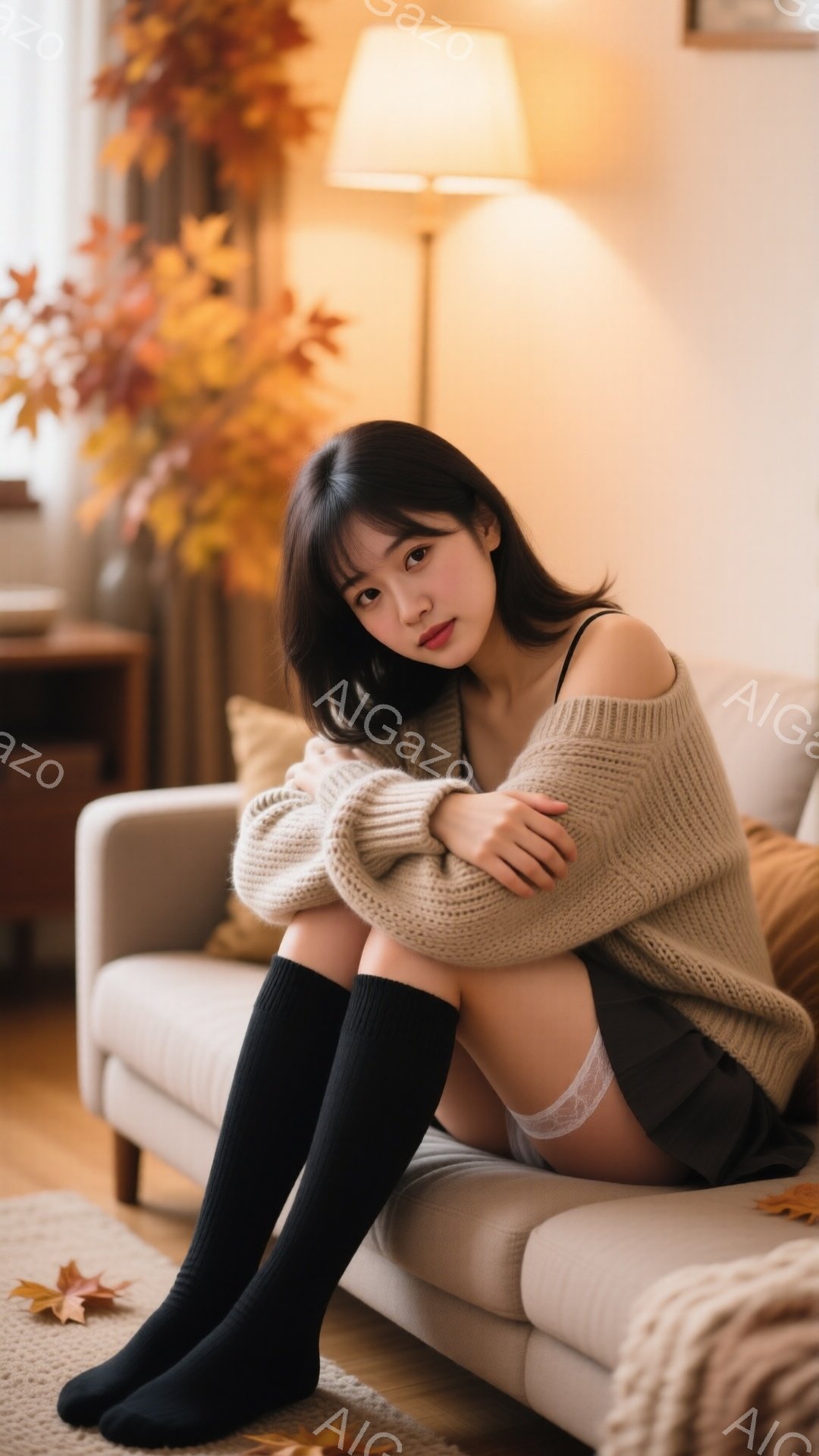 長い黒髪の女性がベージュのソファに座り、太ももを抱えて膝を曲げています。オフホワイトのオーバーサイズニットセーターと黒い膝下ソックスを着用し、グレーのスカートとレースのアンダーウェアがわずかに覗いてい - AI生成フリー素材