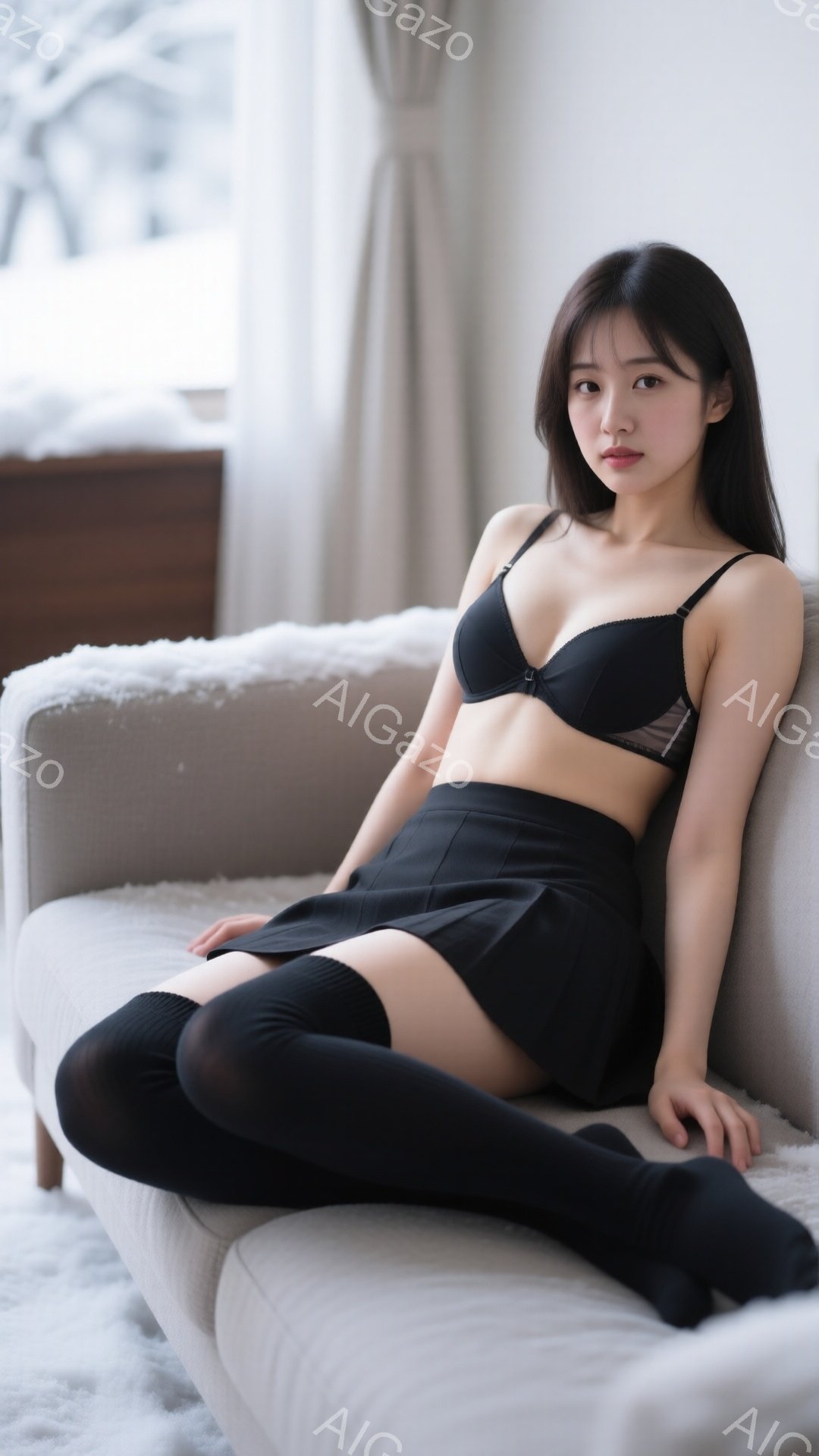 黒いハイウエストのプリーツスカートと膝上ソックスを履いた女性が、白いソファに座ってこちらを見つめています。黒いブラレットが覗き、少し挑発的な表情をしています。背景にはぼやけた家具と窓から見える雪景色が - AI生成フリー素材
