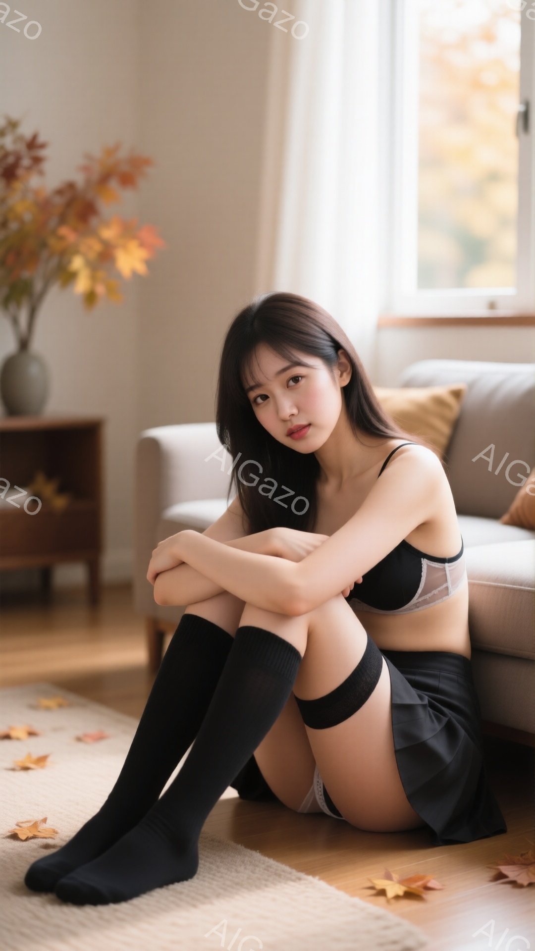長い黒髪の女性が、膝を抱えて床に座っている。黒いニーハイソックスと黒い下着、そして短いプリーツスカートを身に着けており、控えめな表情をしている。背景には、クリーム色のソファ、木製のサイドテーブルと秋の - AI生成フリー素材