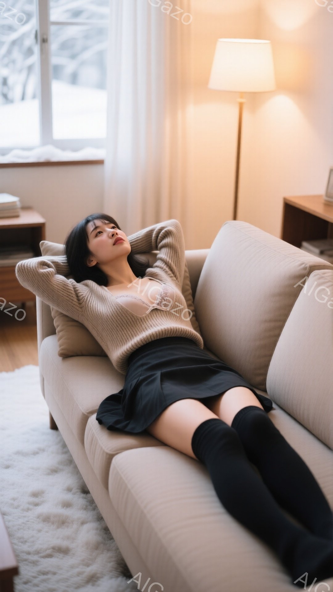 長い黒髪の女性がベージュ色のソファに横たわっており、首のあたりに手を組んでいます。彼女はベージュのセーターと黒のプリーツスカート、そして膝丈の黒い靴下を身につけています。窓の外には雪景色が見え、室内は落ち着いた雰囲気で、シンプルな家具と明るい照明が特徴です。