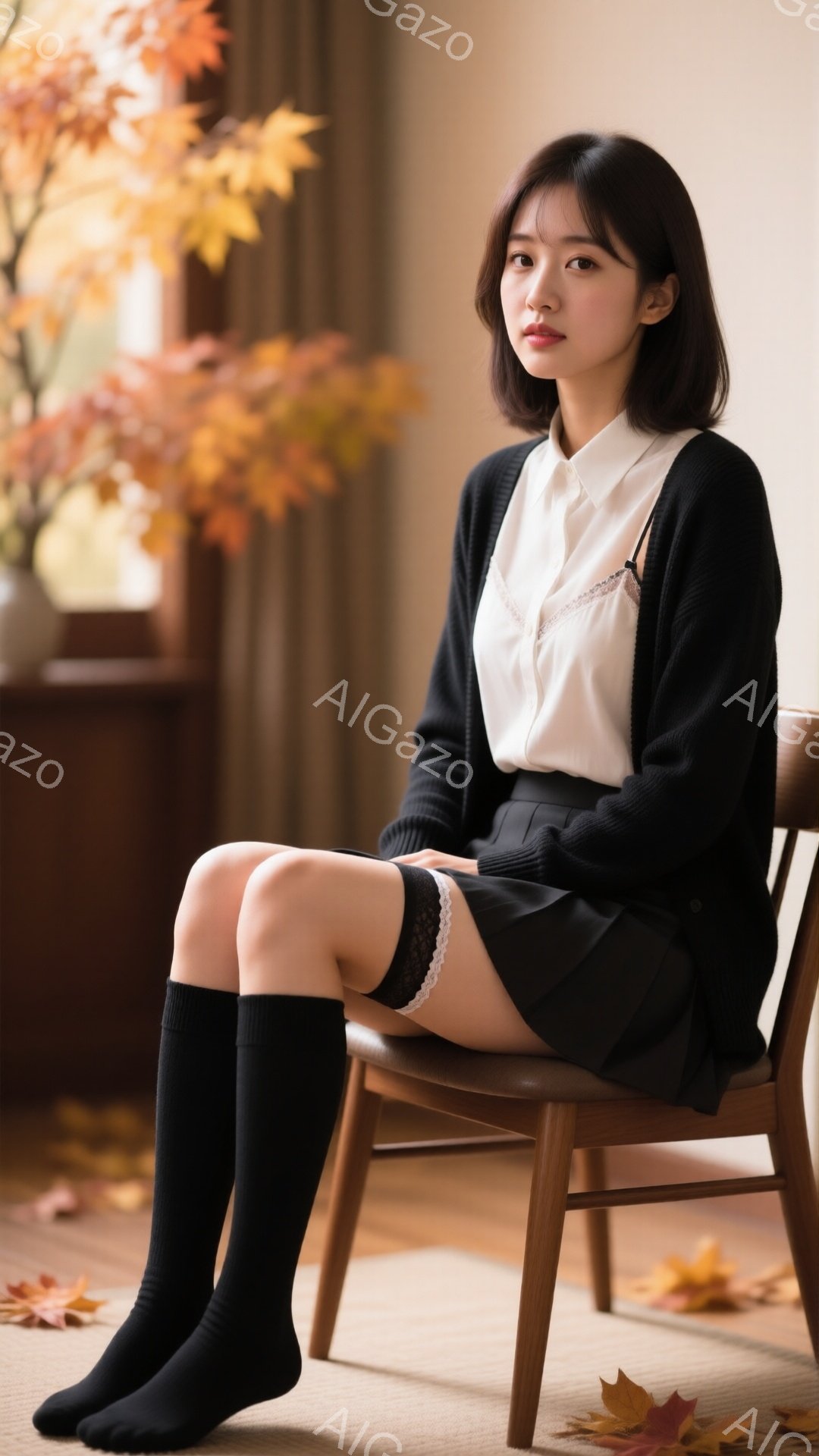 画像は、黒いニーハイソックスと黒のプリーツスカート、白いブラウスと黒のカーディガンを着た若い女性が椅子に座っている様子を捉えています。彼女はストレートで艶やかな黒髪を持ち、少し微笑んでおり、落ち着いた - AI生成フリー素材