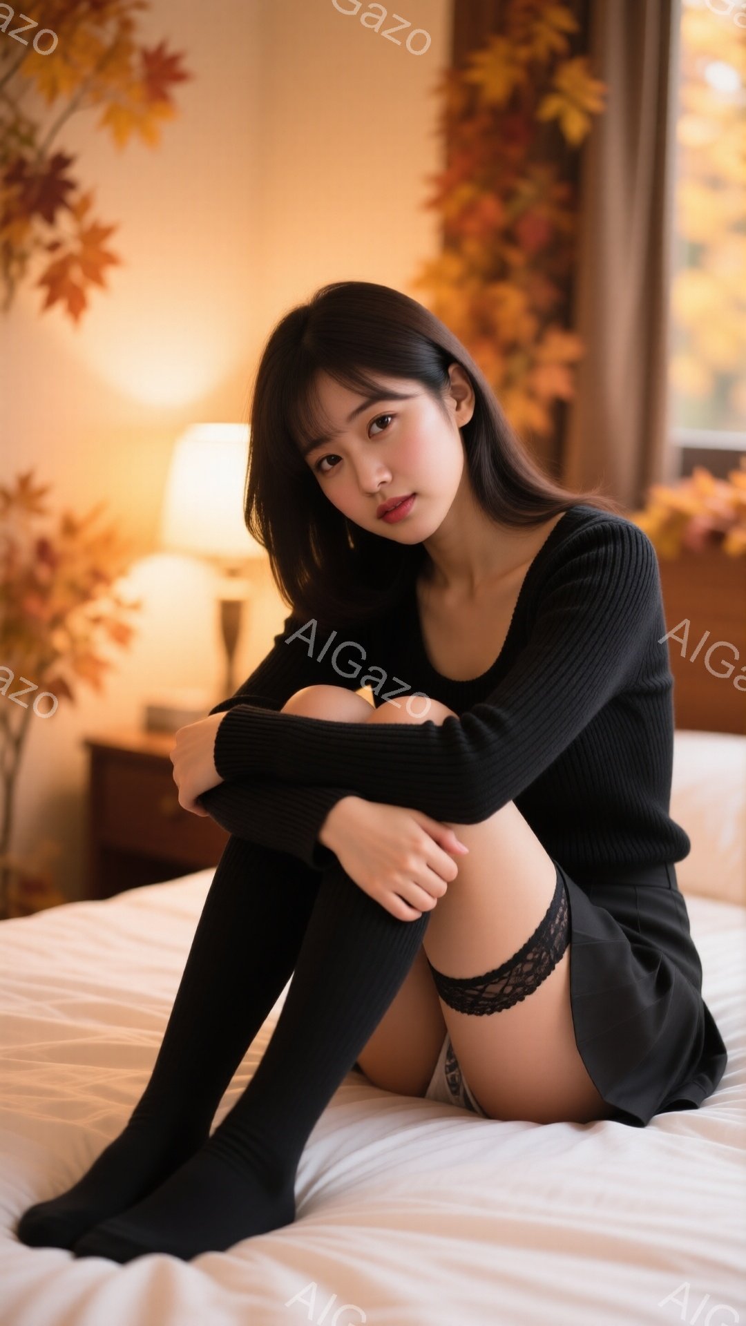 黒いニットセーターとミニスカートを着用した若い女性が、白いベッドに座って膝を抱えています。彼女は長い黒い靴下を履いており、表情は少し物憂げです。背景には暖色の秋の葉の装飾があり、穏やかで落ち着いた雰囲 - AI生成フリー素材
