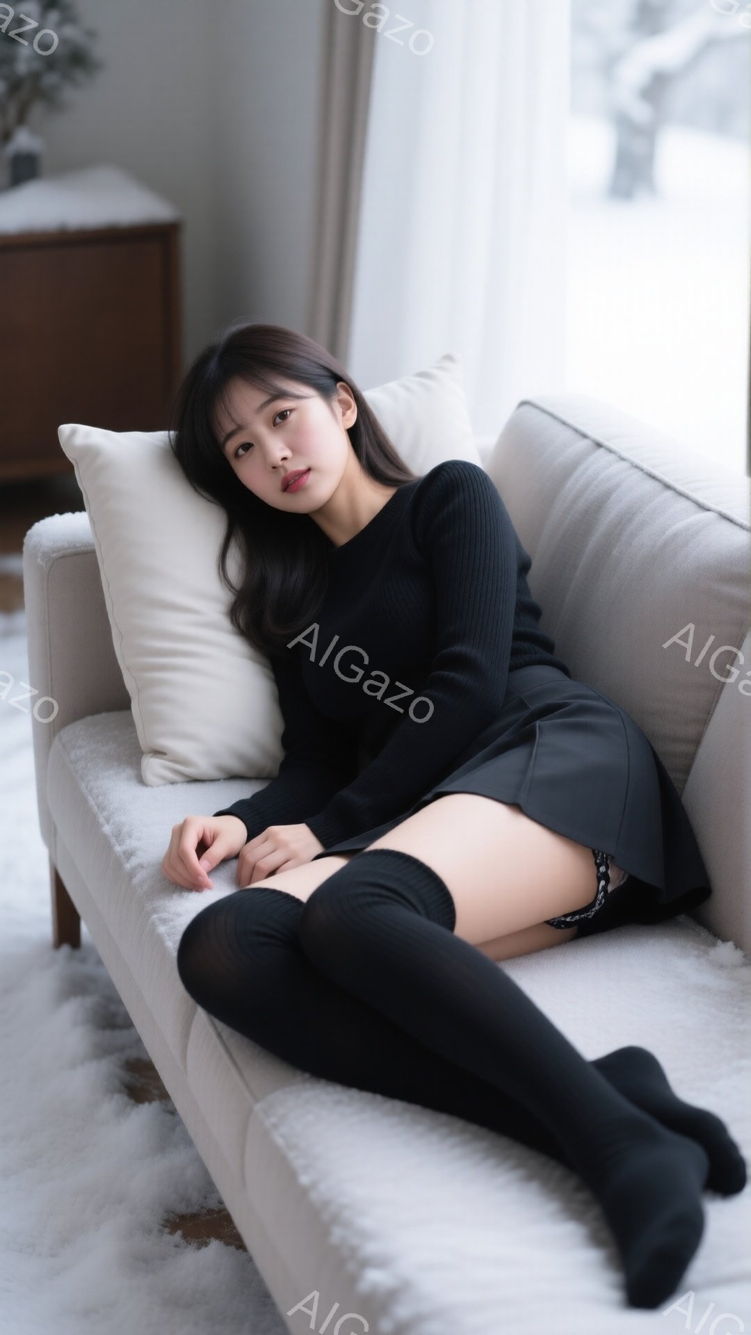 黒い長袖セーターとミニスカート、そして黒いニーハイソックスを身につけた若い女性が、ベージュ色のソファに横たわっています。彼女は少し微笑んでおり、リラックスした表情で、膝を曲げてソファに座っています。背 - AI生成フリー素材