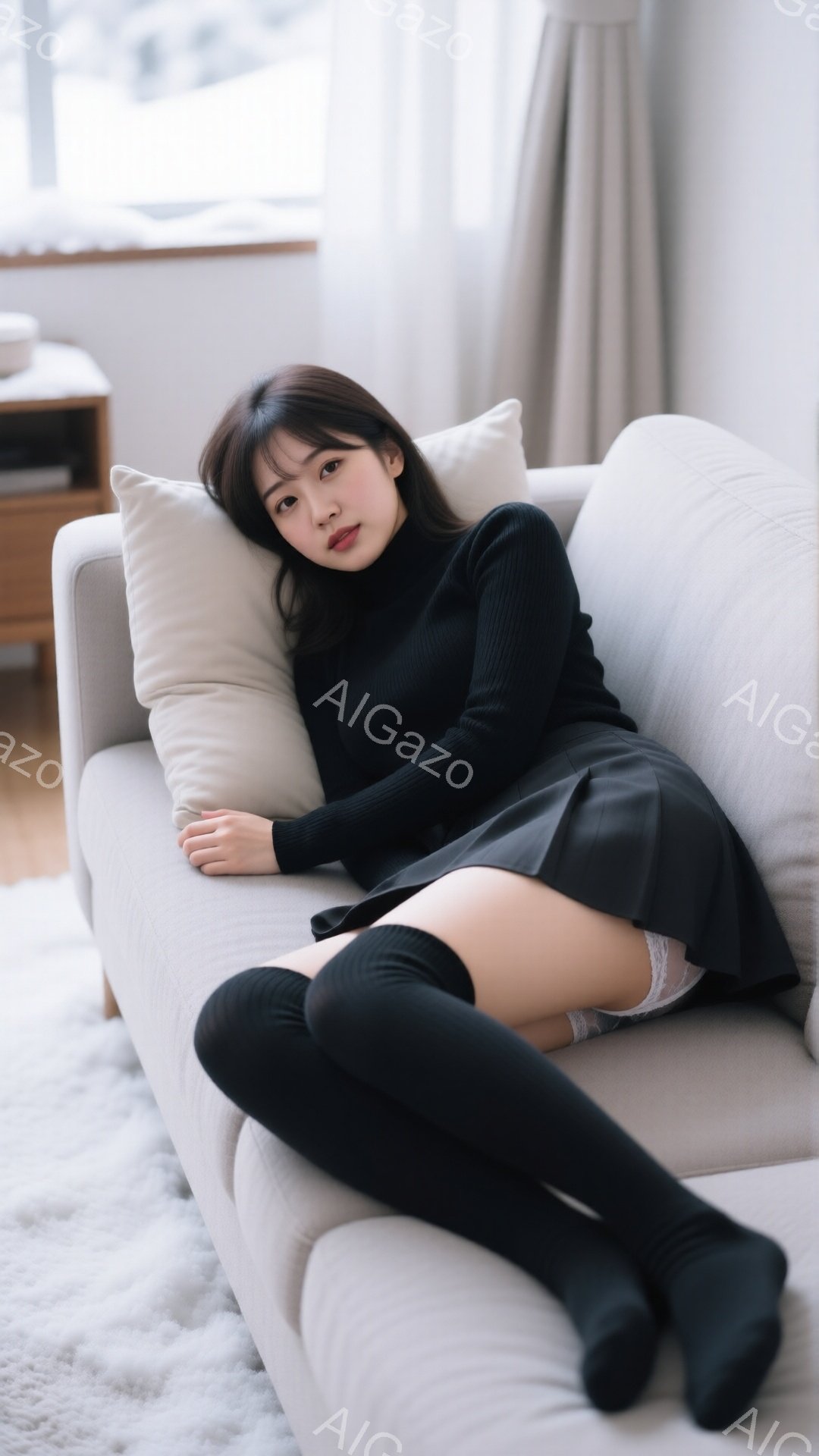 長い黒髪の女性が、クリーム色のソファに横たわっている。黒いタートルネックセーターとミニスカート、ニーハイソックスを身に着けており、リラックスした雰囲気でクッションに寄りかかっている。窓の外には建物が見え、室内は柔らかい光で照らされている。