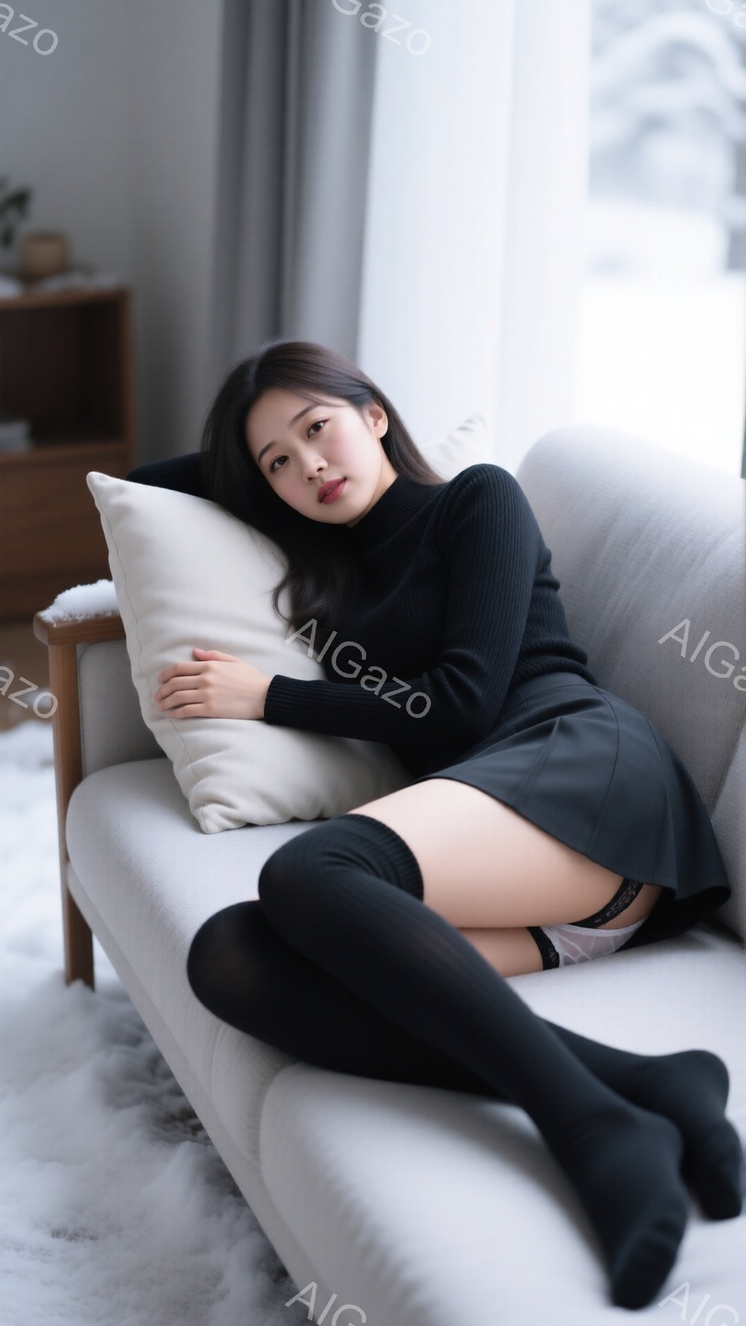 長い黒髪を肩にかけた女性が、灰色のソファーに横たわり、白いクッションを抱えています。彼女は黒いタートルネックセーターとミニスカート、そして黒いニーハイソックスを着用しており、少し微笑んでいます。背景に - AI生成フリー素材