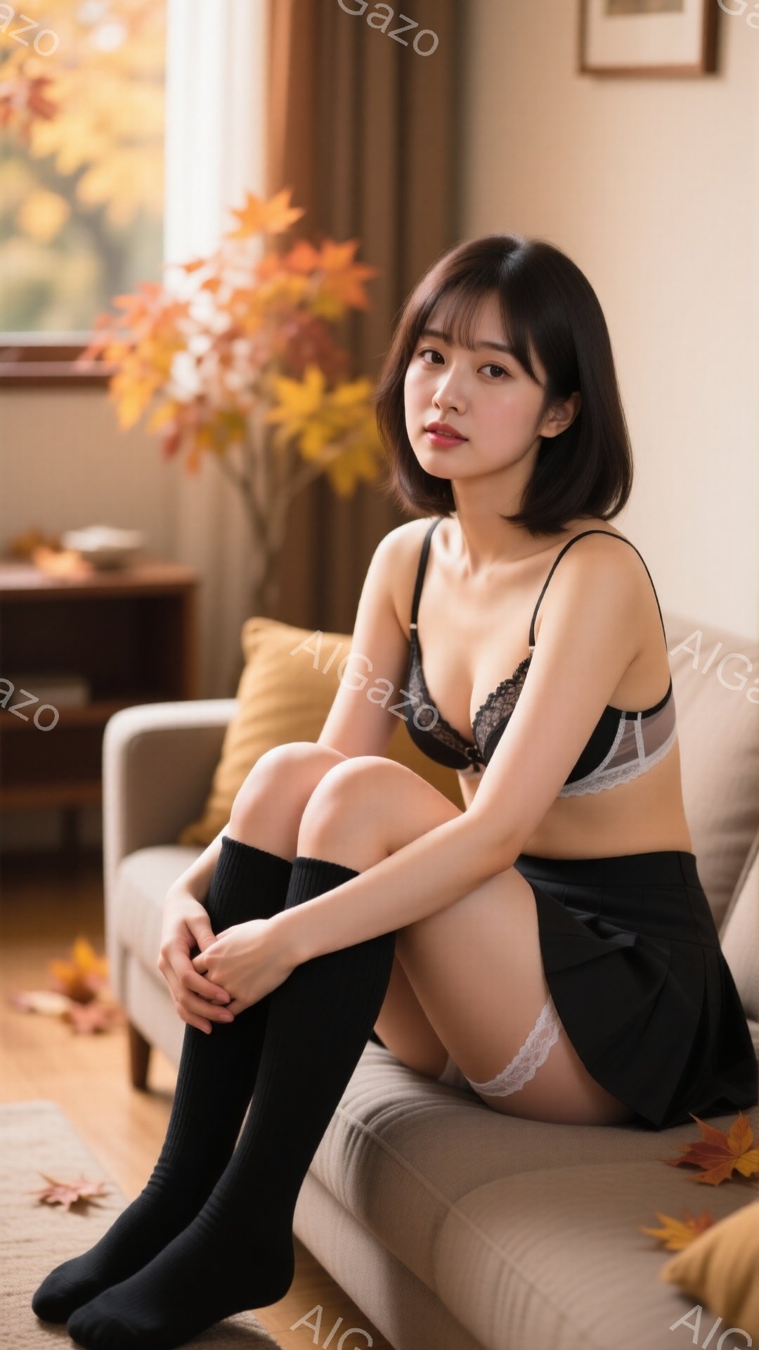 短い黒髪の女性がソファに座っており、黒いレースのブラとミニスカート、そして膝丈の黒いソックスを身に着けています。彼女は膝を抱え、穏やかな表情でカメラを見ています。背景には、秋の紅葉が飾られた部屋が広が - AI生成フリー素材