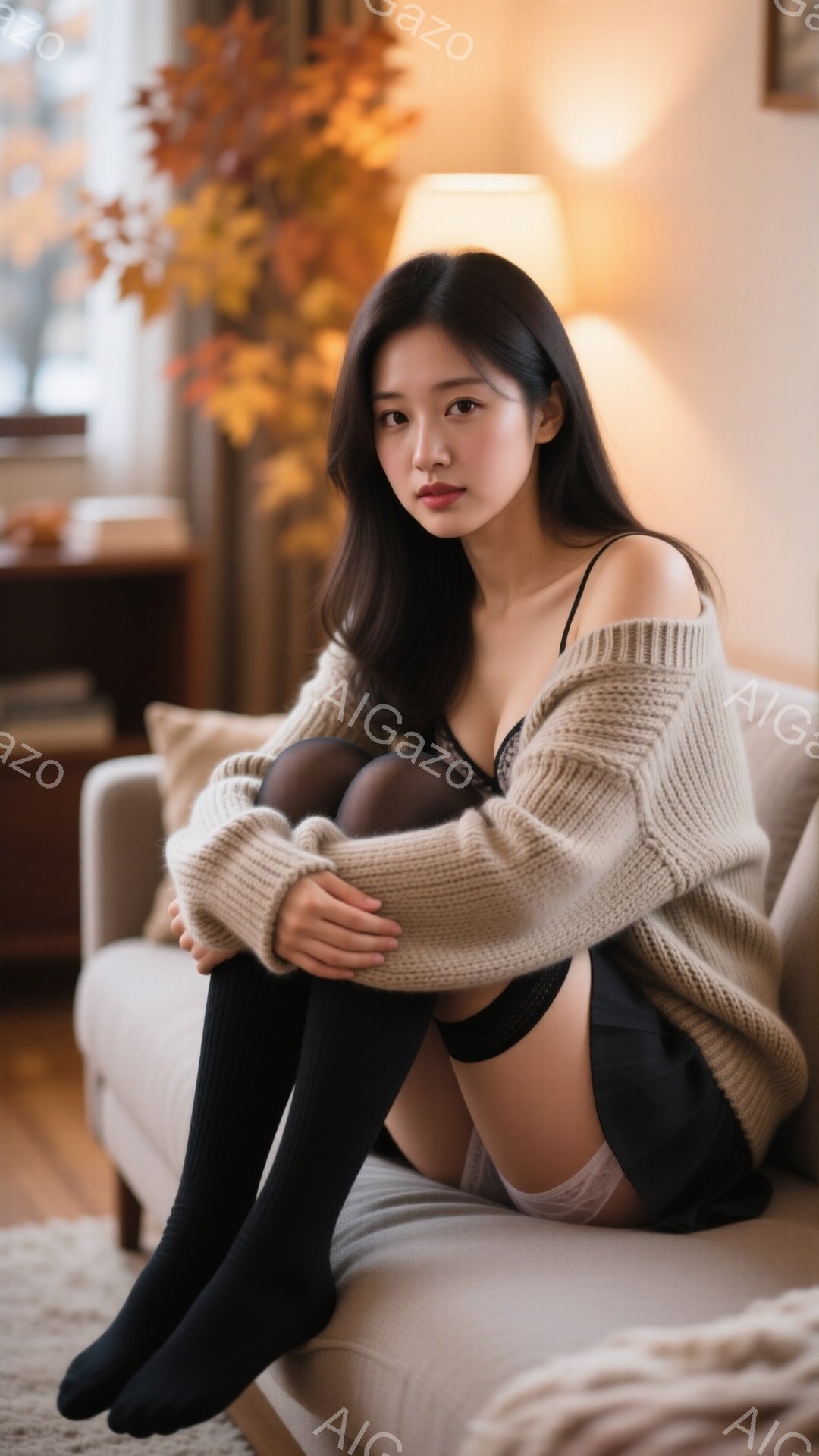 長い黒髪を肩にかけた女性が、ベージュのざっくりとしたニットカーディガンを着て、黒いニーハイソックスを履いています。彼女はソファに座って膝を抱え、少し憂いを帯びた表情をしています。背景には、窓から差し込 - AI生成フリー素材