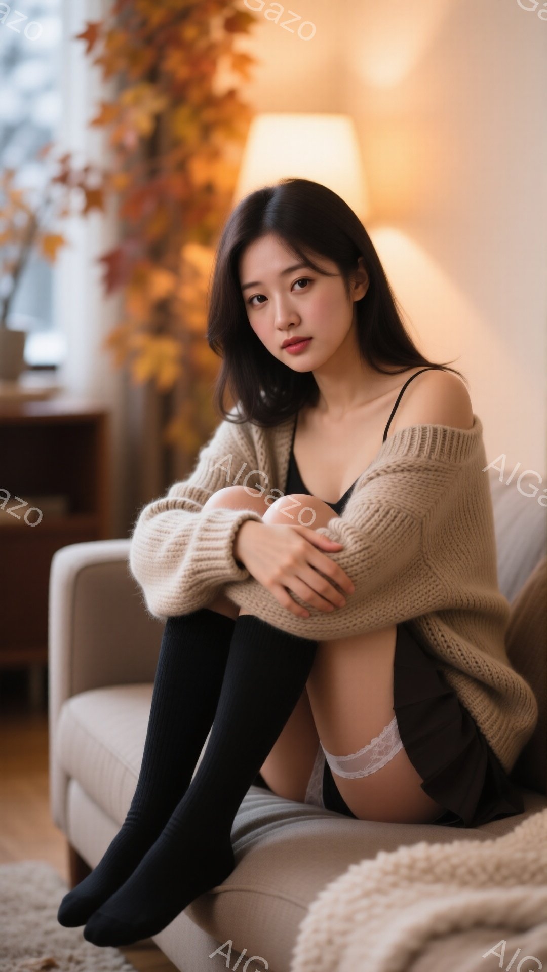 長い黒髪をセンターパートにした女性が、ベージュのざっくりとしたカーディガンと黒いニーハイソックスを履いてソファに座っています。彼女は膝を抱え、少し物憂げな表情を浮かべており、背景には木製の棚と秋らしい - AI生成フリー素材