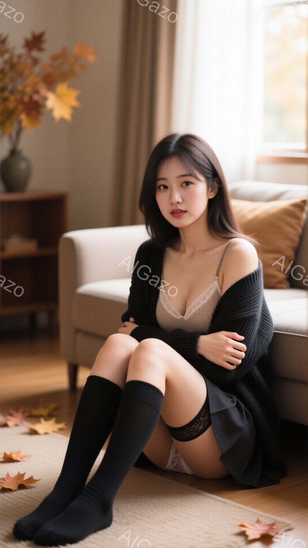 長い黒髪の女性が、ベージュのカーディガンを羽織り、グレーのキャミソールと黒のスカートを身に着けて床に座っています。彼女は両腕で体を抱え、少し微笑んでいます。背景には、オフホワイトのソファ、木の床、そし - AI生成フリー素材