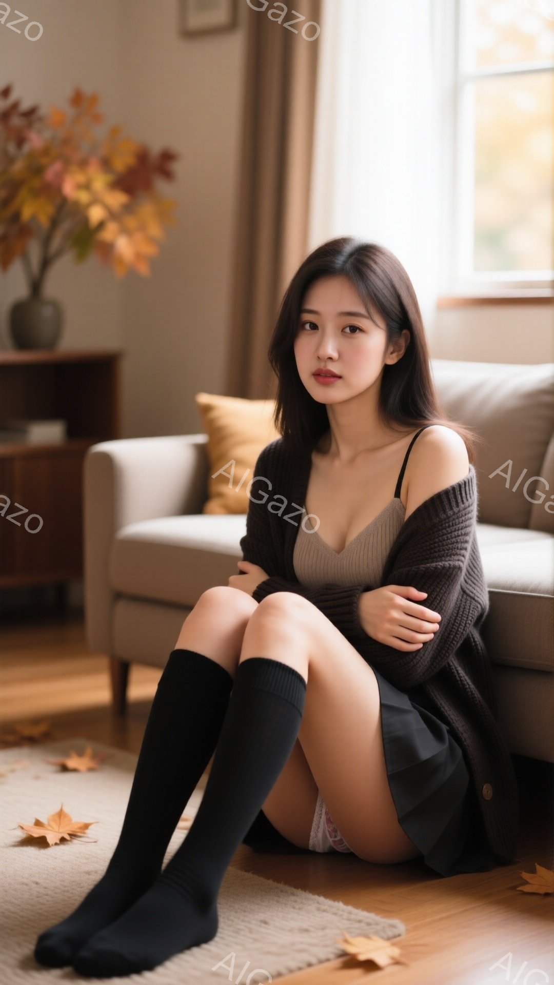 長いダークブラウンの髪を肩にかける女性が、ベージュのキャミソールとグレーのスカート、そして黒いニーハイソックスを身に着けて床に座っています。彼女はブラウンのカーディガンを着て腕を組んでおり、わずかに微 - AI生成フリー素材