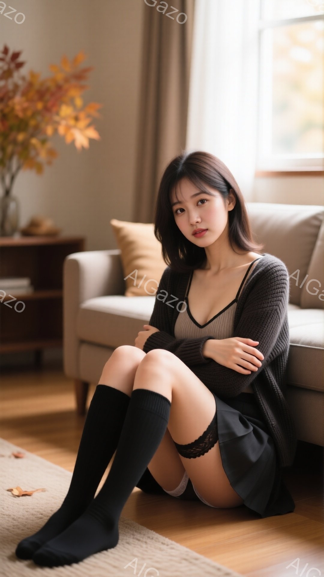長いダークブラウンの髪をした女性が、膝を抱えて床に座っています。黒いカーディガンと黒いニーハイソックスを着用し、グレーのスカートの下にはレースのブリーフが見えます。背景には、クリーム色のソファと花入れ - AI生成フリー素材