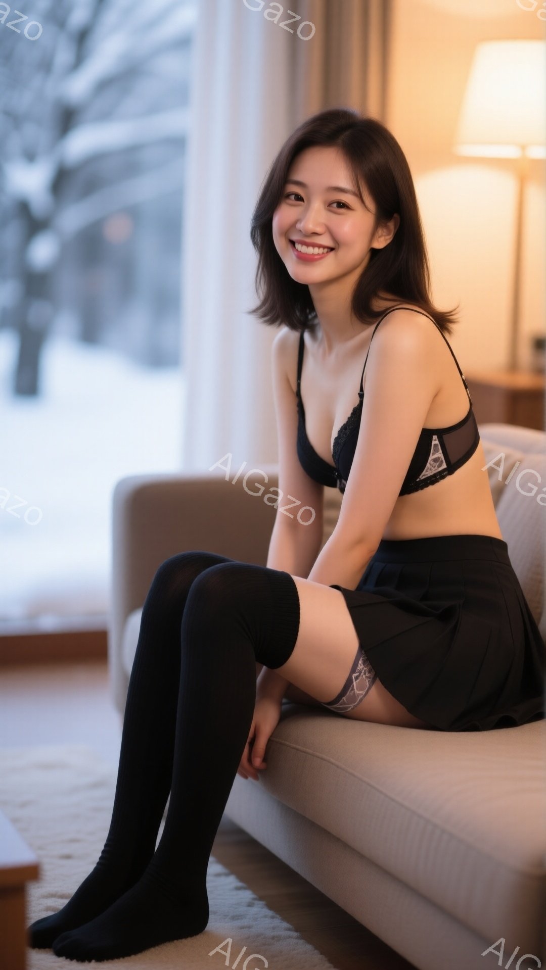 明るい色のソファに座った若い女性が写っています。黒いレースのブラとスカート、そして膝上までの黒いソックスを着用し、微笑んでいます。背景には雪景色が見え、部屋は温かい光に包まれ、リラックスした雰囲気が漂 - AI生成フリー素材