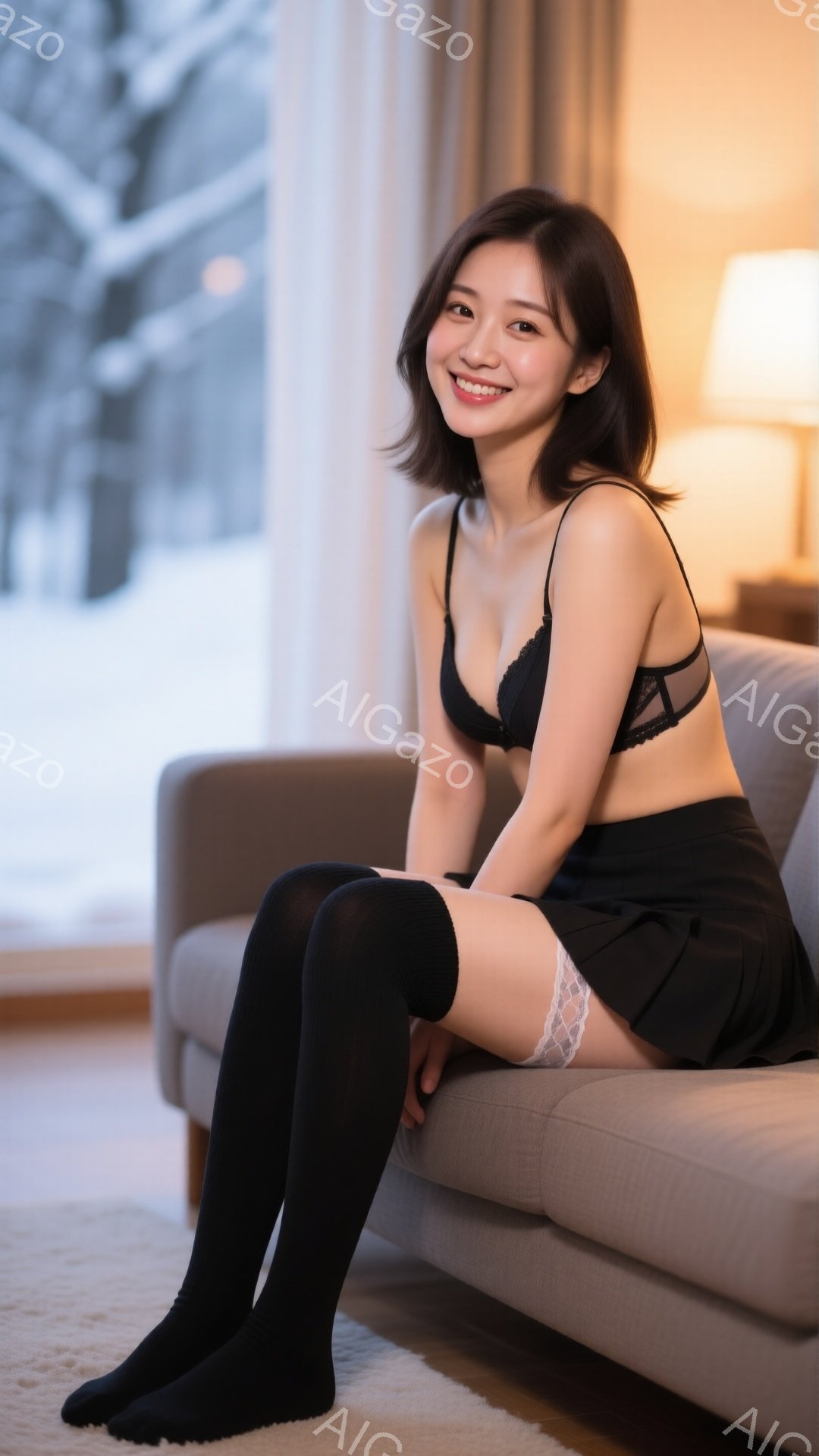 黒いレースのブラとショーツ、黒いニーハイソックスを着用した若い女性が、明るいグレーのソファに座っています。彼女は微笑んでおり、少し足を曲げてリラックスした姿勢を見せています。背景には雪景色が見える窓が - AI生成フリー素材