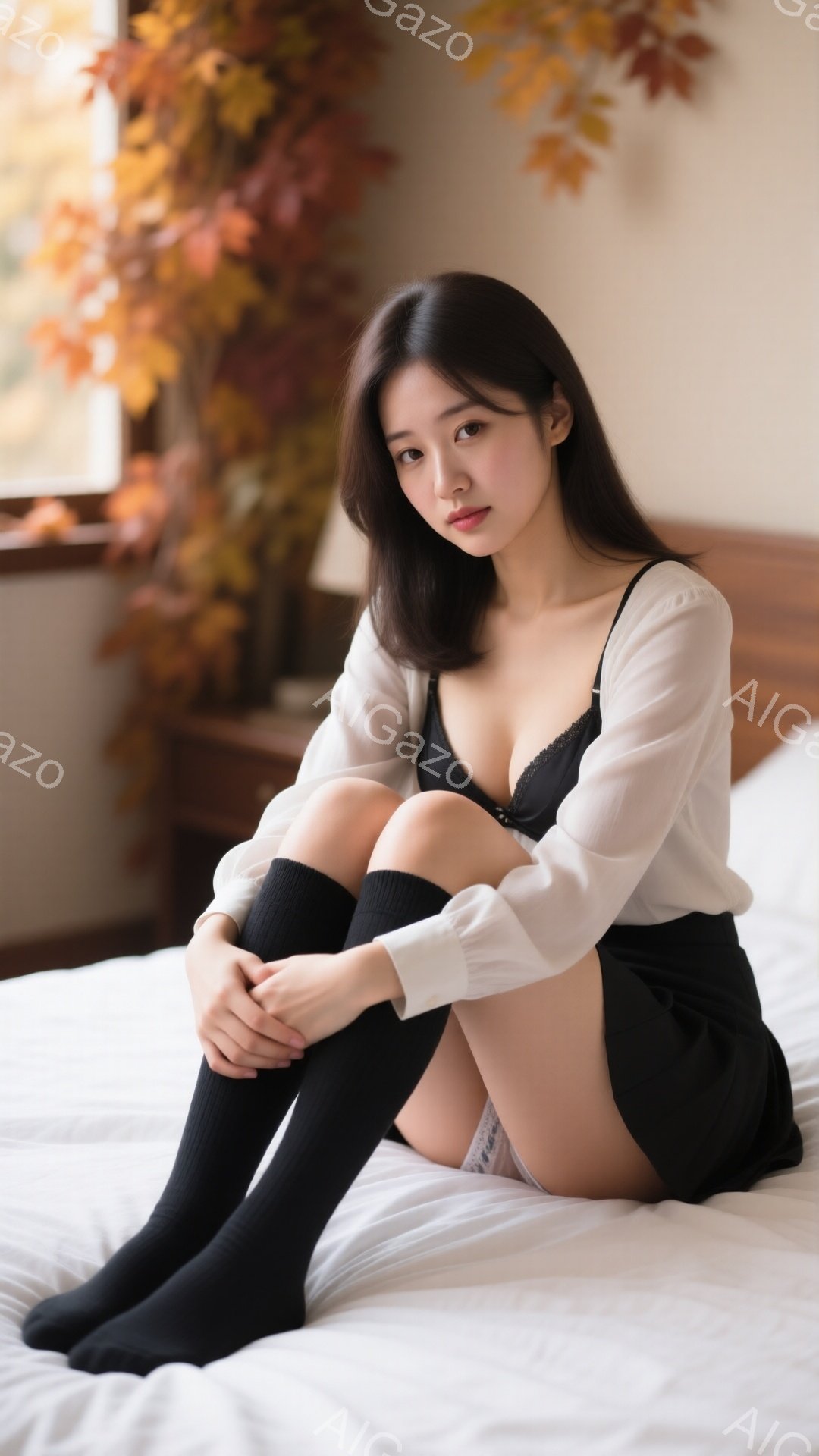長い黒髪の女性がベッドに座っており、白いシアーブラウスと黒いミニスカート、そして黒いニーハイソックスを着用しています。彼女は膝を抱え、わずかに微笑んだ表情でカメラを見つめています。背景には窓があり、秋 - AI生成フリー素材