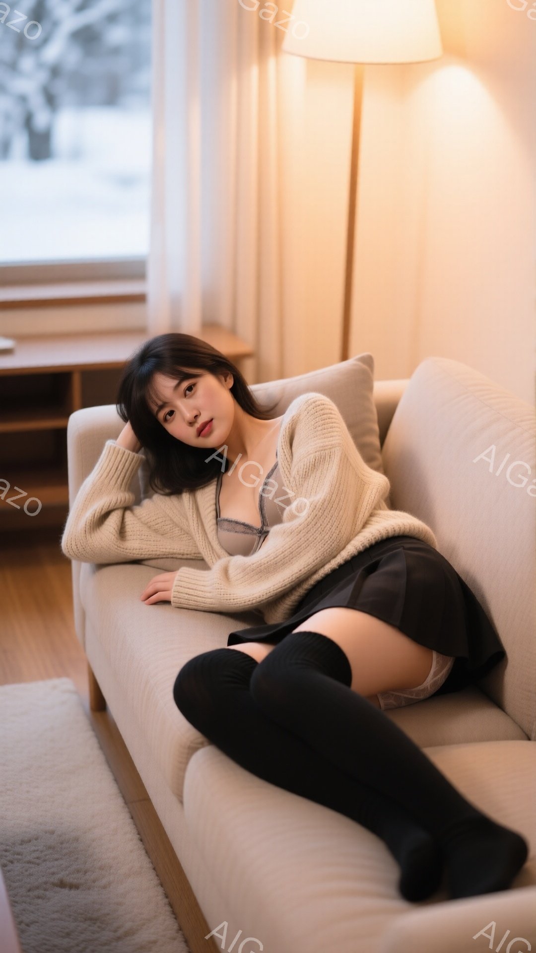長いダークヘアの女性がベージュ色のソファに横たわっています。オフホワイトのざっくりとしたニットカーディガンと、黒いニーハイソックス、そしてブラレットとミニスカートを身に着けています。窓の外には雪景色が広がり、室内は暖かく、リラックスした雰囲気です。