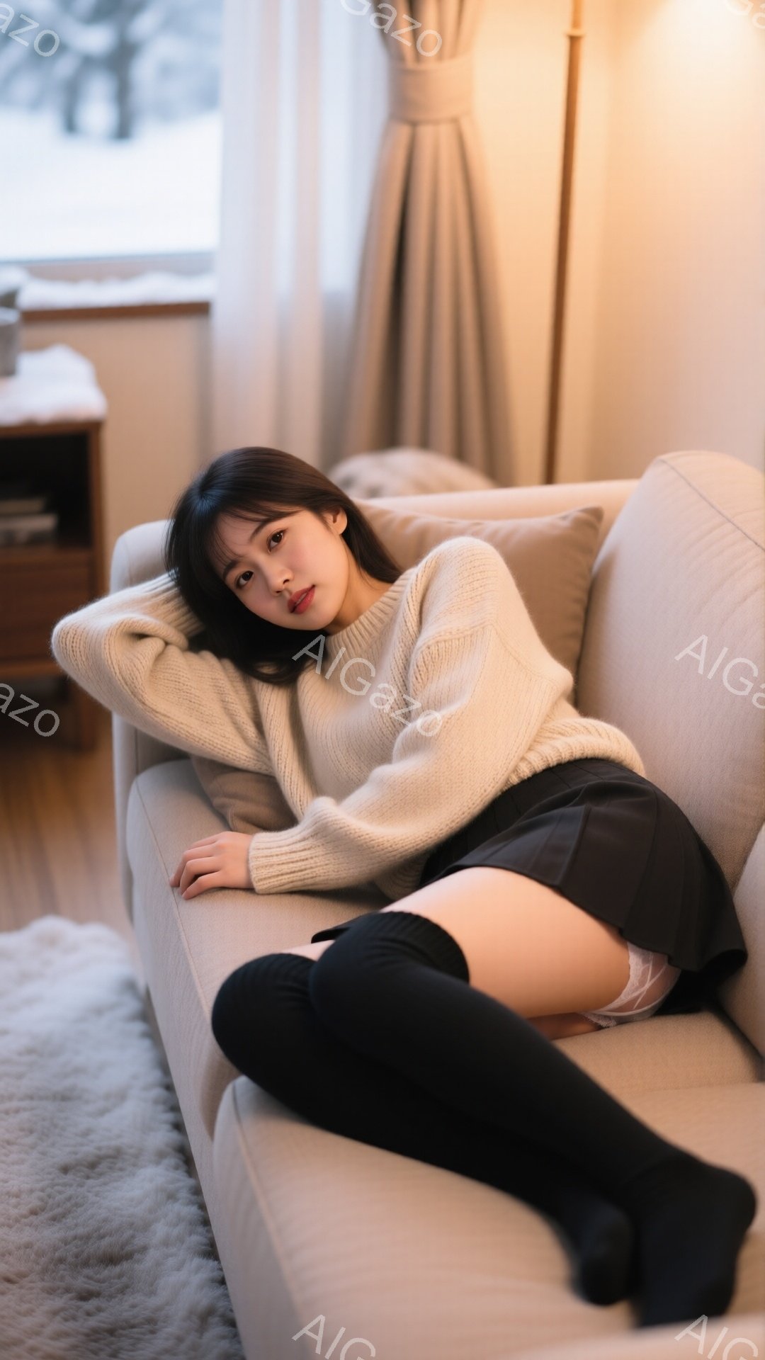 明るいリビングルームのソファに横たわる若い女性が写っています。オフホワイトのオーバーサイズニットに黒いニーハイソックスを合わせ、リラックスしたポーズで肘をソファの背もたれに当てています。背景には窓から - AI生成フリー素材