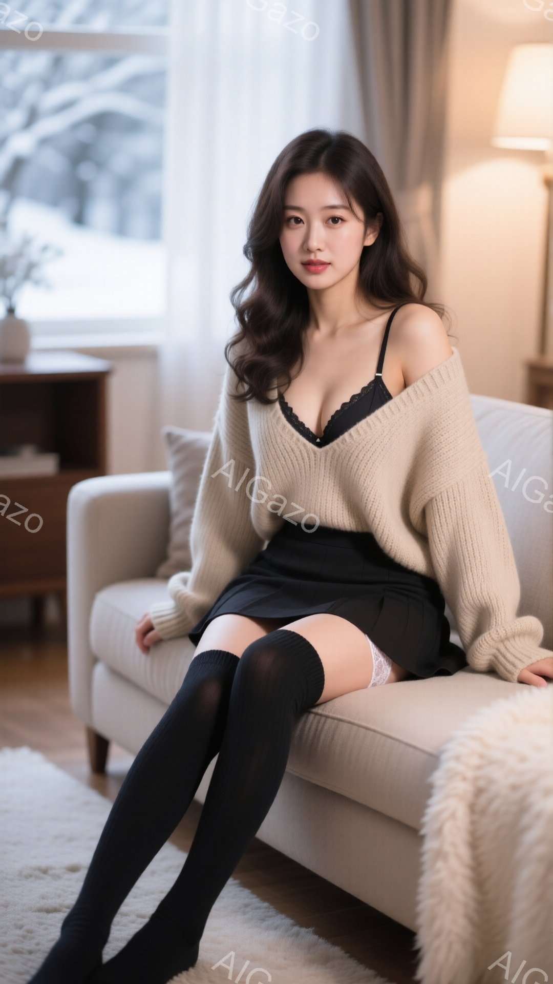 長いダークブラウンの髪が肩にかかる女性が、ベージュのざっくりとしたカーディガンと黒のミニスカート、黒のオーバーニーソックスを着用してベージュのソファに座っています。彼女はわずかに微笑んでおり、背景には - AI生成フリー素材