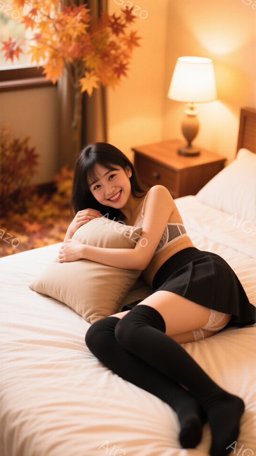 長い黒髪の女性がベッドに横たわり、微笑んでいます。彼女はキャミソールとスカート、ニーハイソックスを身に着けており、リラックスした雰囲気です。背景には、暖色のライトと枯葉が散らばった秋の景色が見え、全体 - AI生成フリー素材