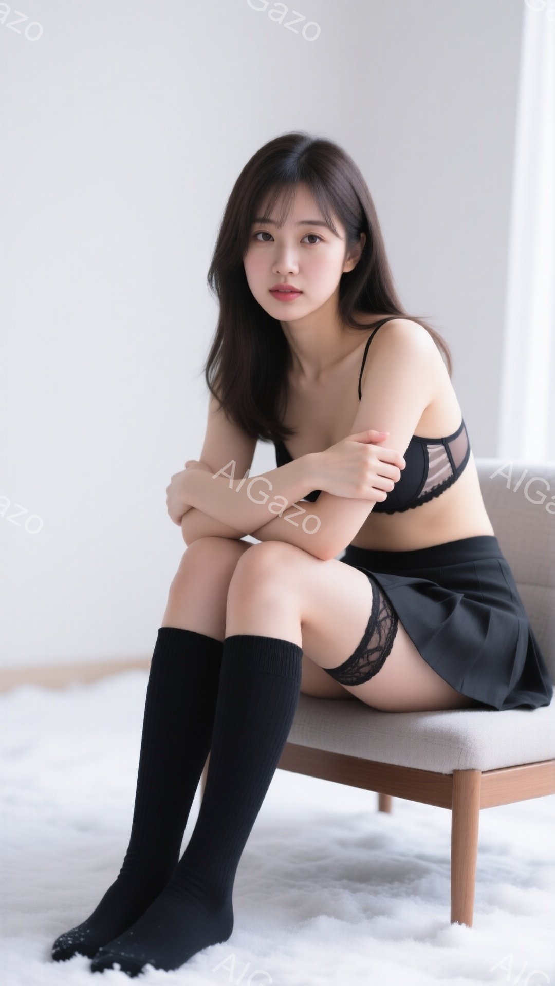 黒いニーハイソックスとミニスカート、黒いブラレットを身に着けた女性が、明るい室内で椅子に座って膝を抱えています。彼女はストレートの黒髪で、穏やかな表情をしています。背景は白く、全体的に柔らかく、控えめ - AI生成フリー素材