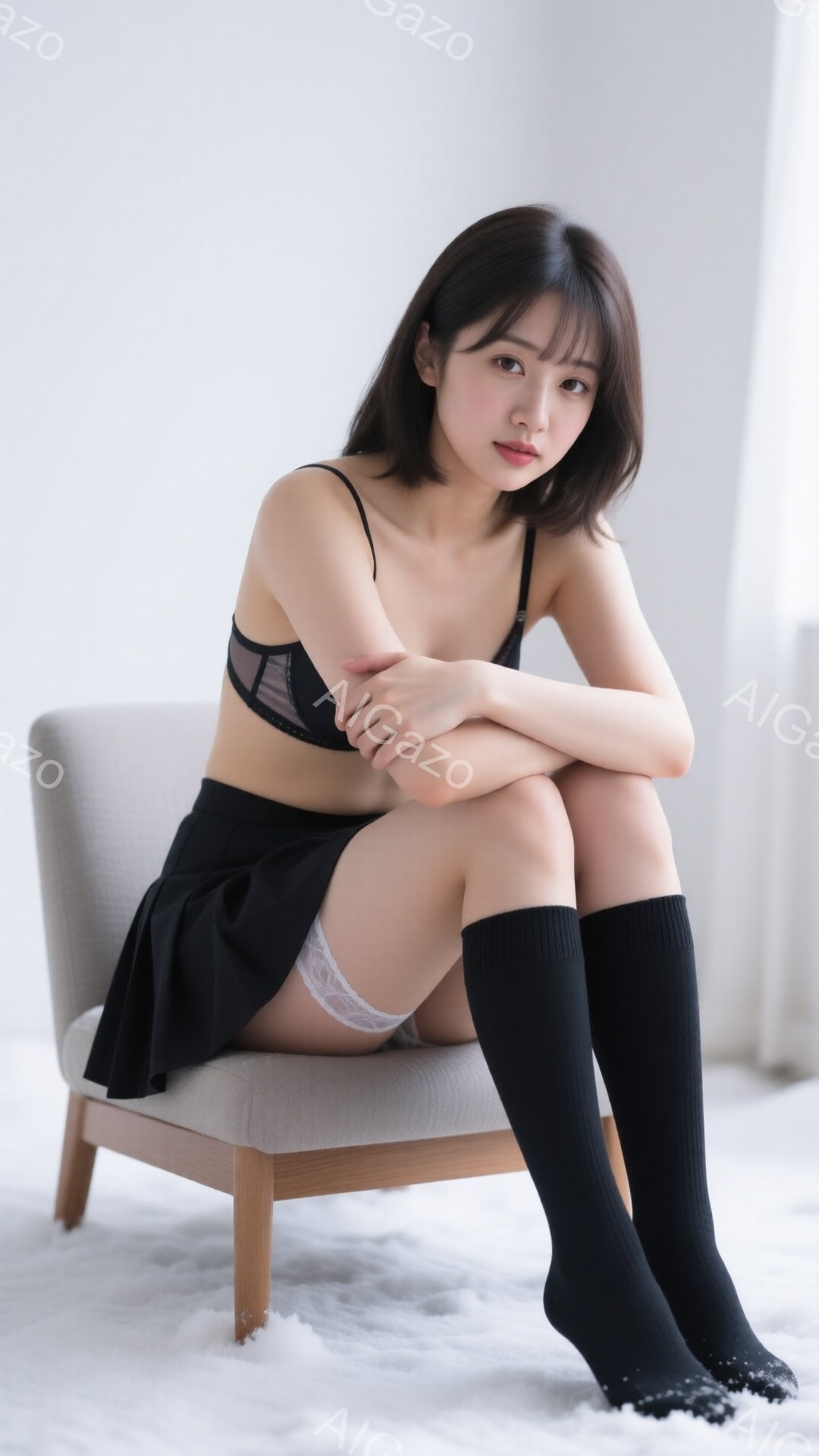 明るい室内で、膝を抱えて椅子に座る若い女性が写っています。黒いブラジャーとスカート、そしてニーハイソックスを着用しており、表情はわずかに微笑んでいるようです。背景は白く、床には白いカーペットが敷かれて - AI生成フリー素材