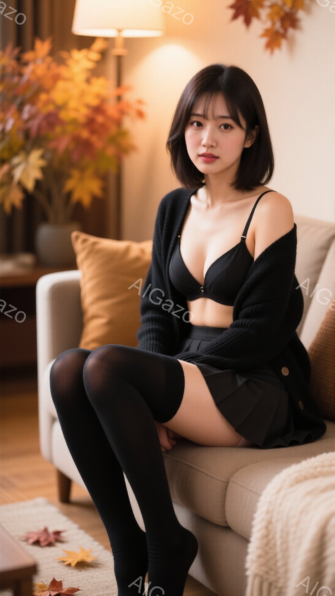 黒いニットカーディガンを着て、黒いタイツとミニスカートを履いた若い女性がソファに座っています。彼女は少し微笑んでいて、茶色の長い髪が肩にかかっています。背景には、オレンジ色の葉を持つ植物、ソファのクッション、そして柔らかな光が暖かく、落ち着いた雰囲気を醸し出しています。