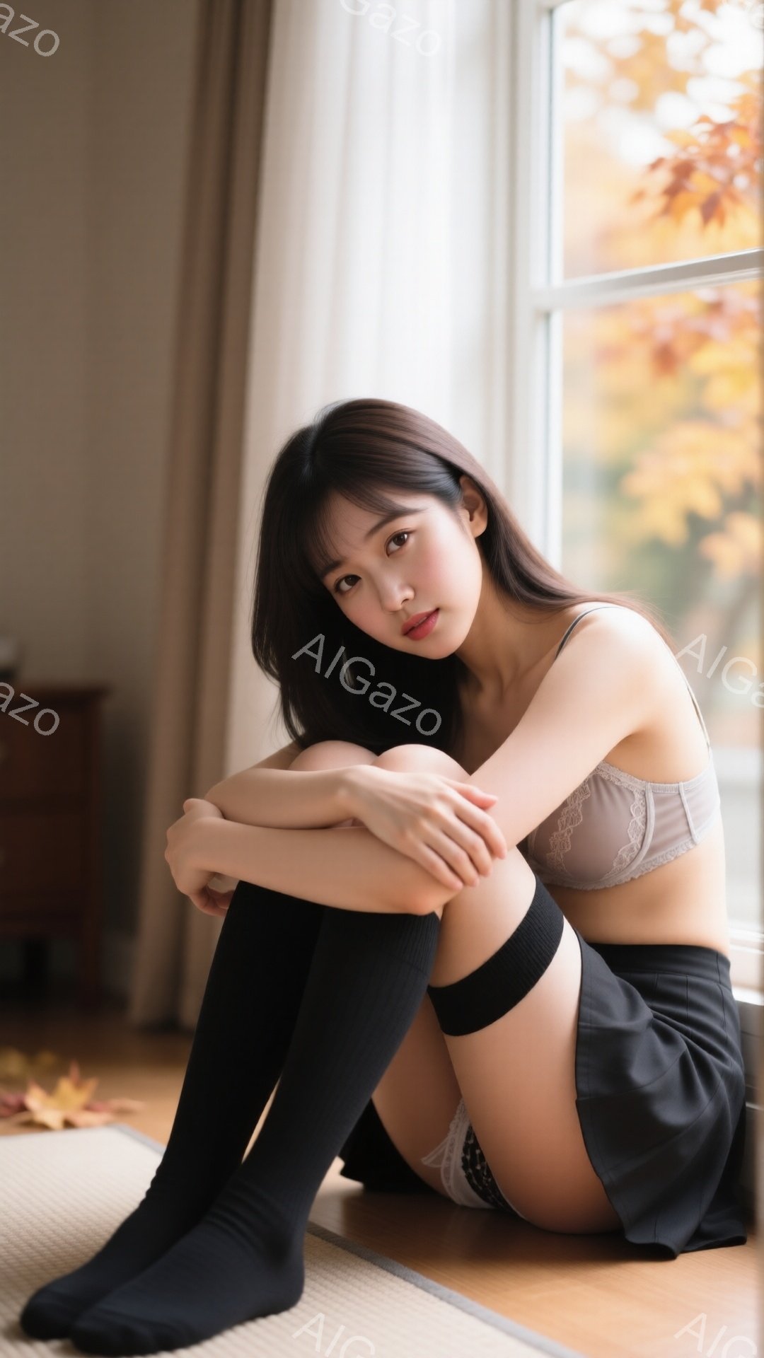 長い黒髪で、前髪が目にかかるヘアスタイルをした若い女性が、窓辺に座って膝を抱えています。彼女はレースのブラトップと黒いミニスカート、それに膝丈の黒いソックスを履いており、少し微笑んでいます。背景には暖 - AI生成フリー素材