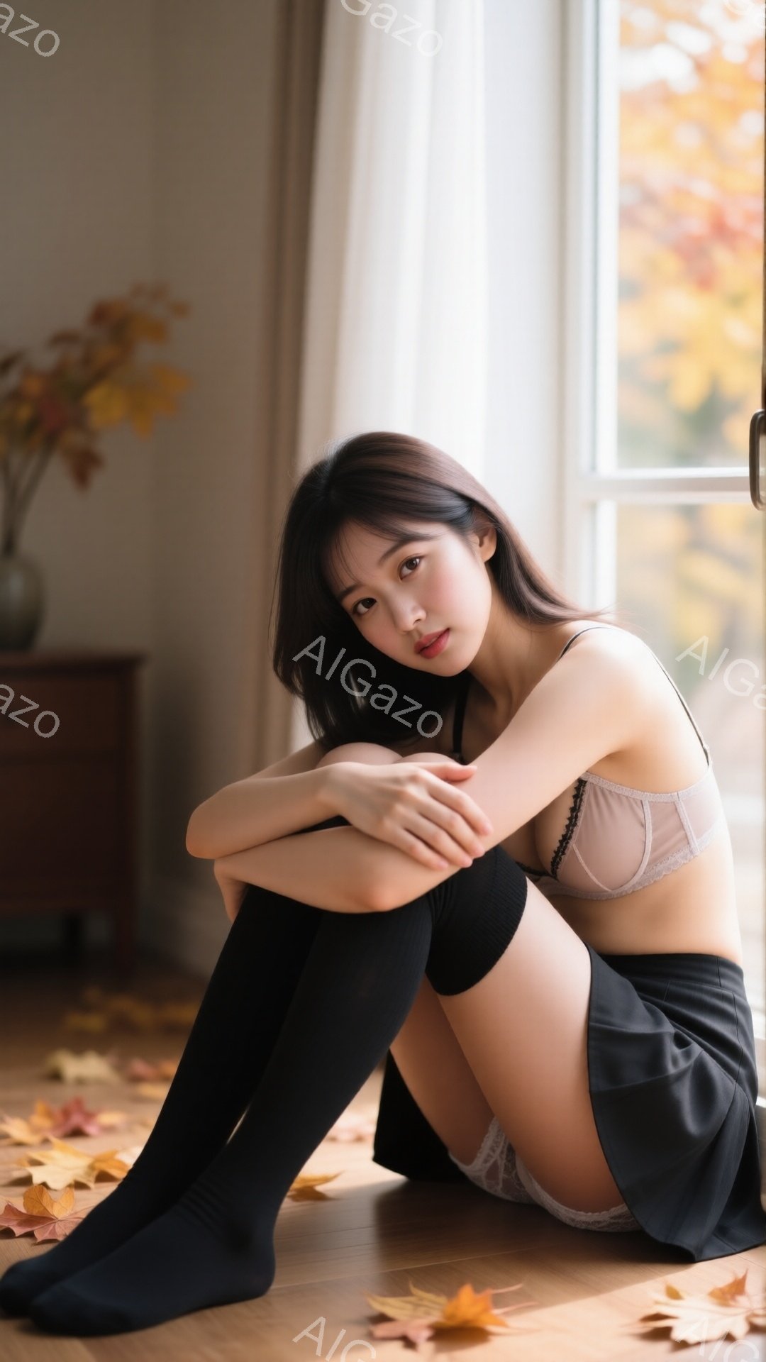 黒髪の女性が床に座り、膝を抱えています。ベージュのレースのブラと黒いニーハイソックス、短いスカートを着用しており、秋らしい背景には落ち葉が散らばっています。窓から差し込む光と、控えめな表情が、どこか物 - AI生成フリー素材