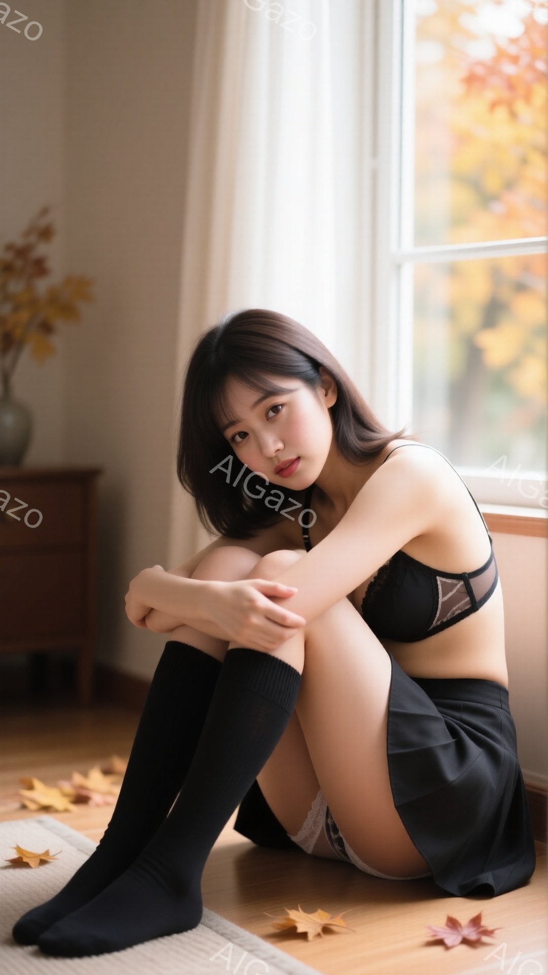 長い黒髪の女性が、膝を抱えて床に座っている。黒のレースが覗くブラジャーとスカート、黒いニーハイソックスを身に着けており、少し憂いを帯びた表情でこちらを見ている。背景には木製の引き出しと窓、落ち葉が散ら - AI生成フリー素材