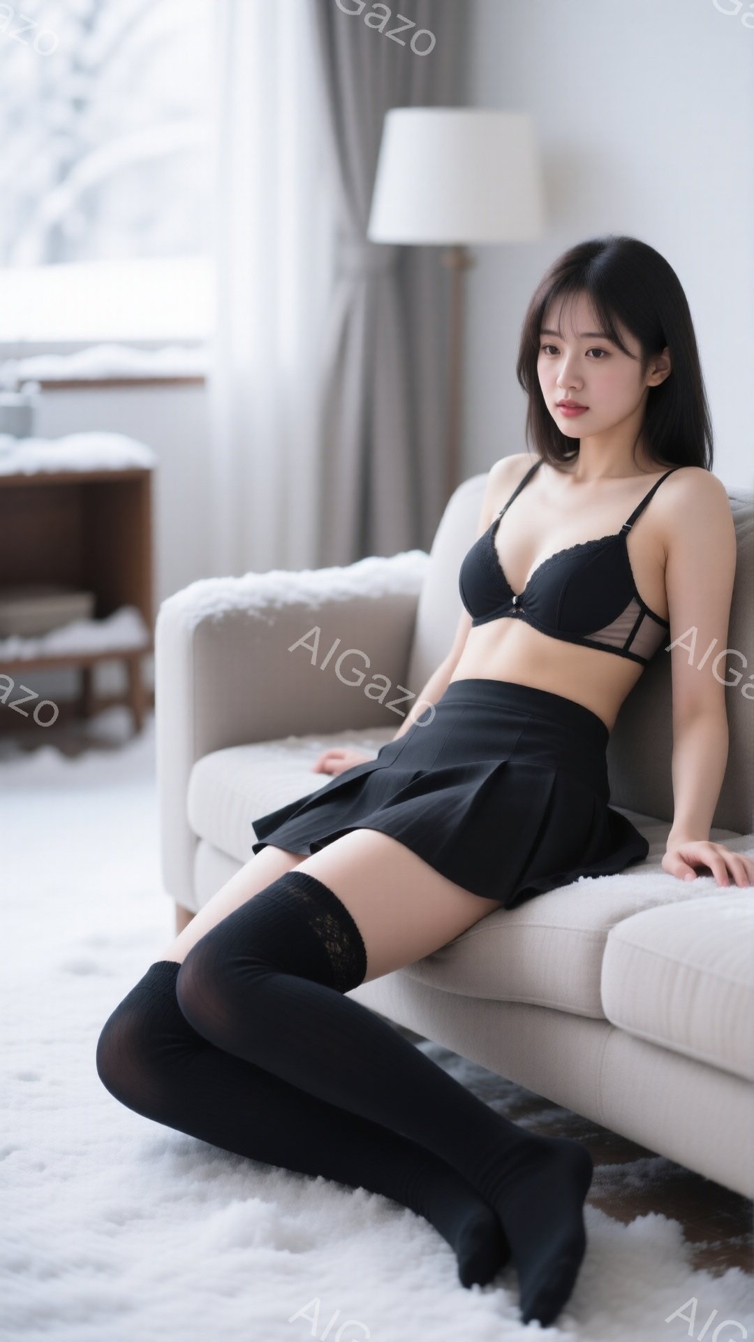 黒いレースのブラとハイウエストのプリーツスカート、黒いニーハイソックスを身に着けた若い女性が、ベージュのソファに座ってこちらを見ている。彼女は長い黒髪で、少し微笑んでいる表情をしている。背景には窓から - AI生成フリー素材