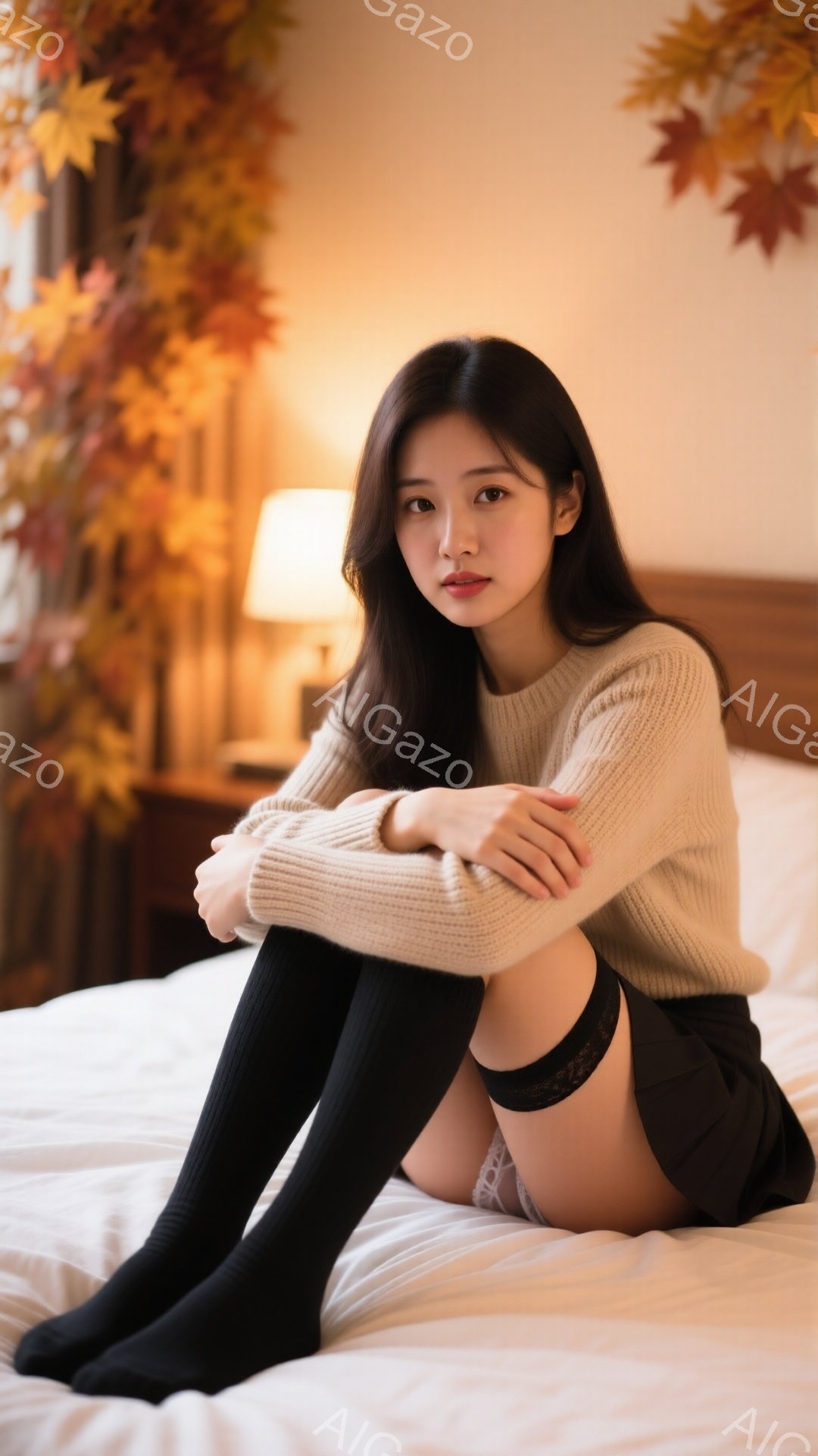 長い黒髪の女性が白いベッドに座り、膝を抱えています。ベージュのセーターと黒いニーハイソックスを着用しており、少し憂いを帯びた表情をしています。背景には、暖色系の照明と紅葉の装飾があり、秋の落ち着いた雰 - AI生成フリー素材