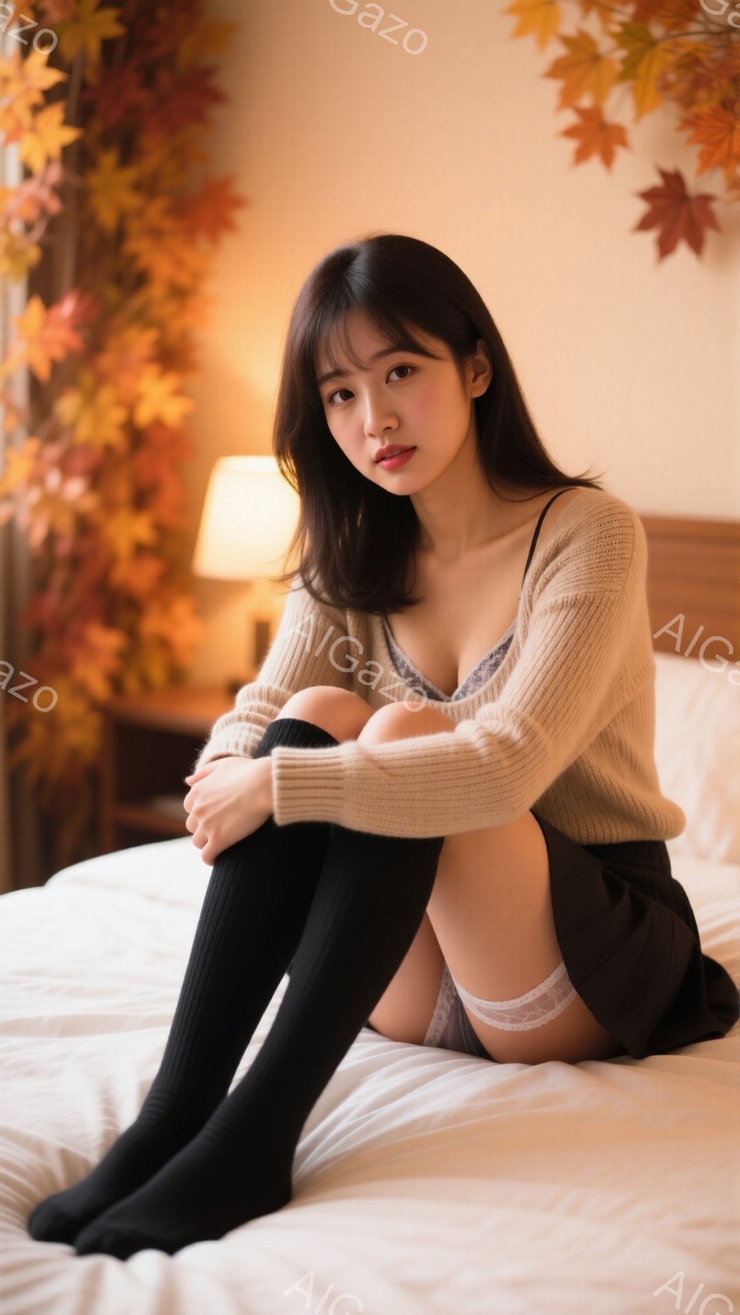 長い黒髪の女性がベッドに座り、膝を抱えています。ベージュのニットセーターに黒いニーハイソックスを履き、黒いスカートとレースのキャミソールを着用しています。背景には、オレンジと黄色の葉が飾られた壁と、暖色のテーブルランプが見え、全体的に暖かく落ち着いた雰囲気です。