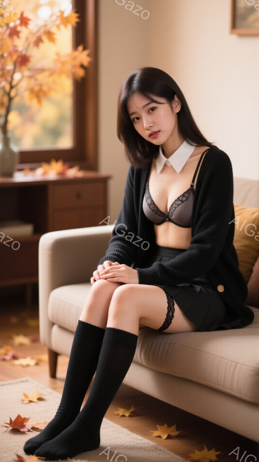 長い黒髪を肩にかかった状態で座っている女性は、黒のカーディガンと白い襟のシャツを着ており、黒いショートパンツと膝上まで伸びる黒いソックスを履いています。彼女はベージュ色のソファに座り、両膝を抱えて控え - AI生成フリー素材