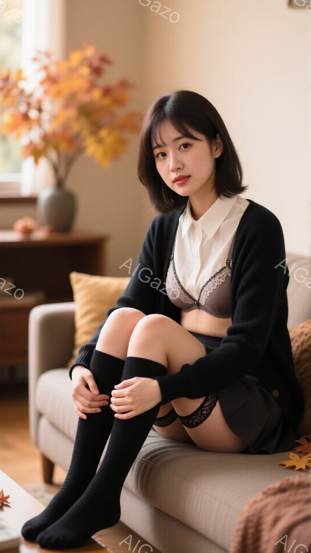 ショートヘアの女性が、オフホワイトのシャツに黒のカーディガン、短いスカートとニーハイソックスを着用してソファに座っています。彼女はわずかに微笑み、リラックスした姿勢で膝を抱えています。背景には、鮮やか - AI生成フリー素材