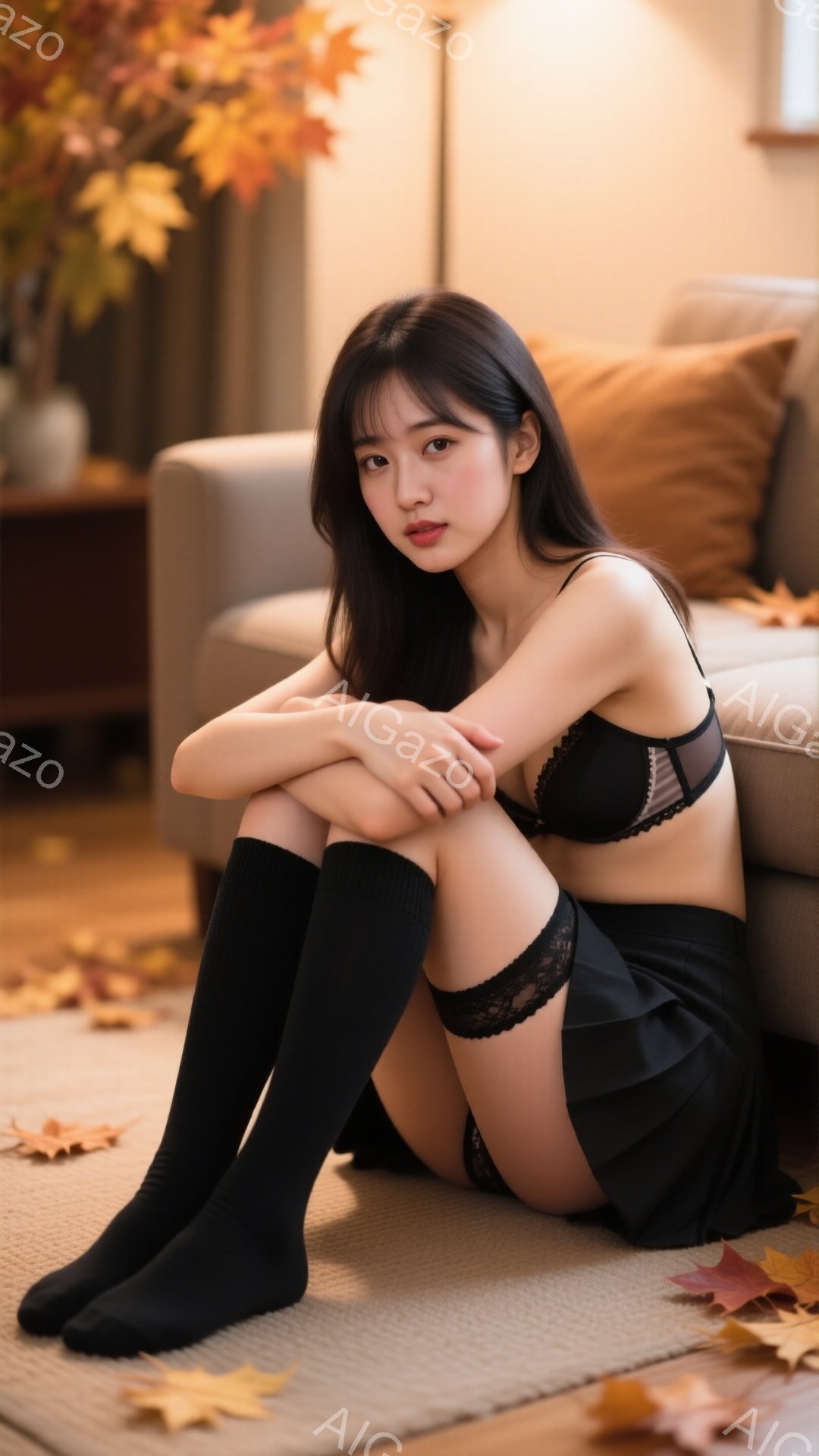 黒いストッキングとニーハイソックスを着用した若い女性が、黒い下着とミニスカート姿でカーペットの上に座っています。彼女は膝を抱え、わずかに唇を尖らせた憂いを帯びた表情をしています。背景にはオレンジ色のソファ、植物、落ち葉があり、秋の暖かく物憂げな雰囲気が漂っています。