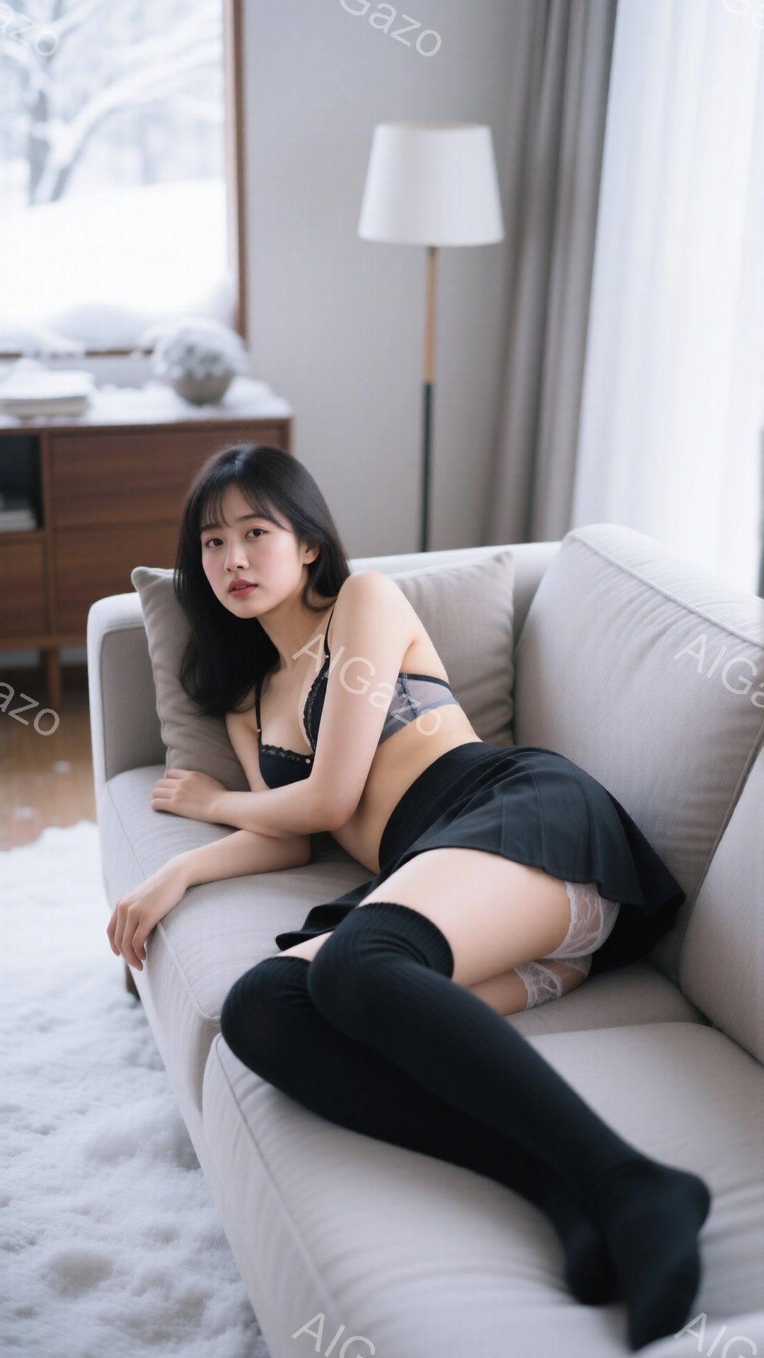 黒髪の女性がベージュ色のソファに横たわっています。黒いレースのブラジャーとスカート、そして膝上丈の黒いソックスを着用しており、挑発的な表情をしています。背景には木製のキャビネットと窓から見えるぼやけた - AI生成フリー素材