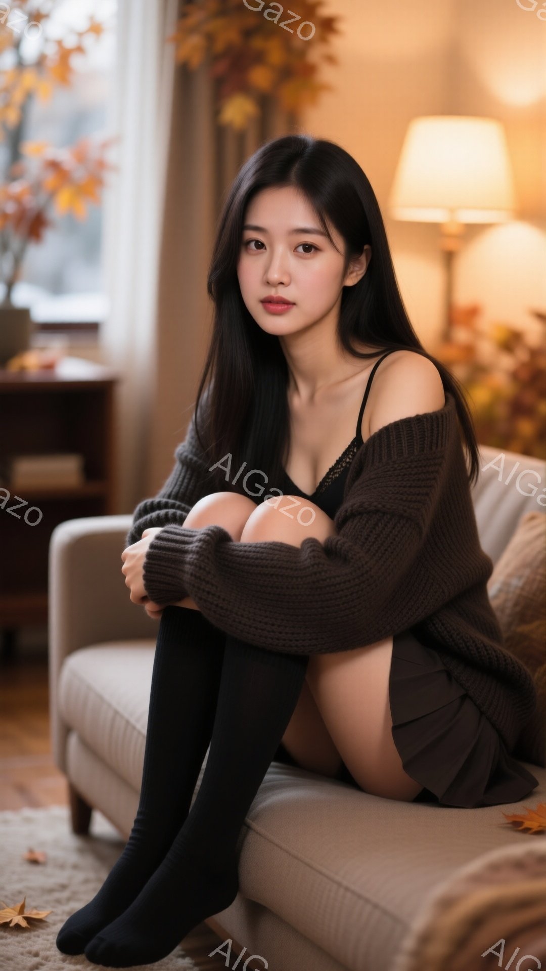 長い黒髪の女性が、クリーム色のソファに膝を抱えて座っています。黒いニットのカーディガンと、レースのキャミソール、ミニスカート、そして黒い靴下を着用しており、どこか物憂げな表情をしています。背景には木製 - AI生成フリー素材