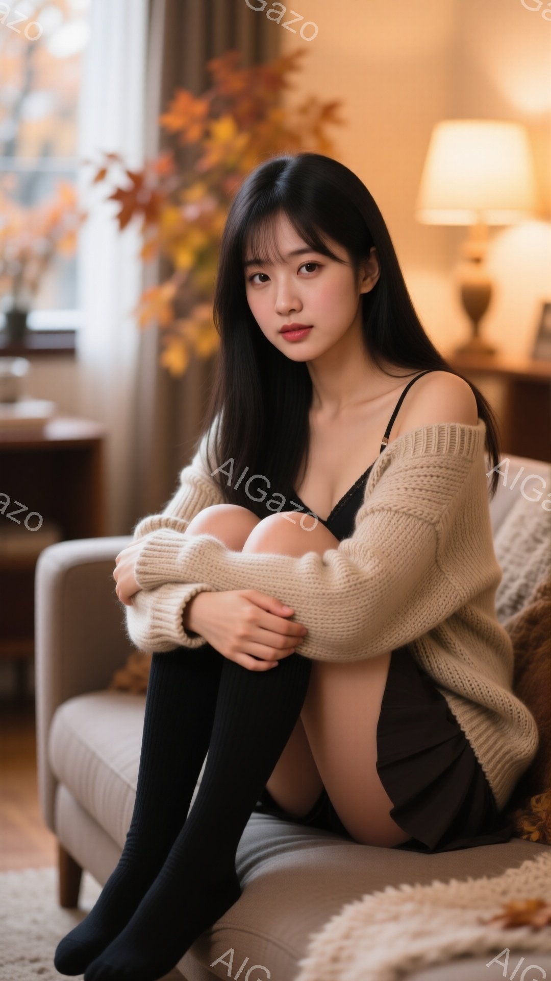 長い黒髪を無造作に垂らし、ベージュのカーディガンと黒いニーハイソックスを身に着けた女性が、クリーム色のソファに座って膝を抱えている。彼女は少し微笑んでおり、背景には暖色系の照明と秋らしい花が飾られた部屋がぼやけて見える、温かく落ち着いた雰囲気の写真である。