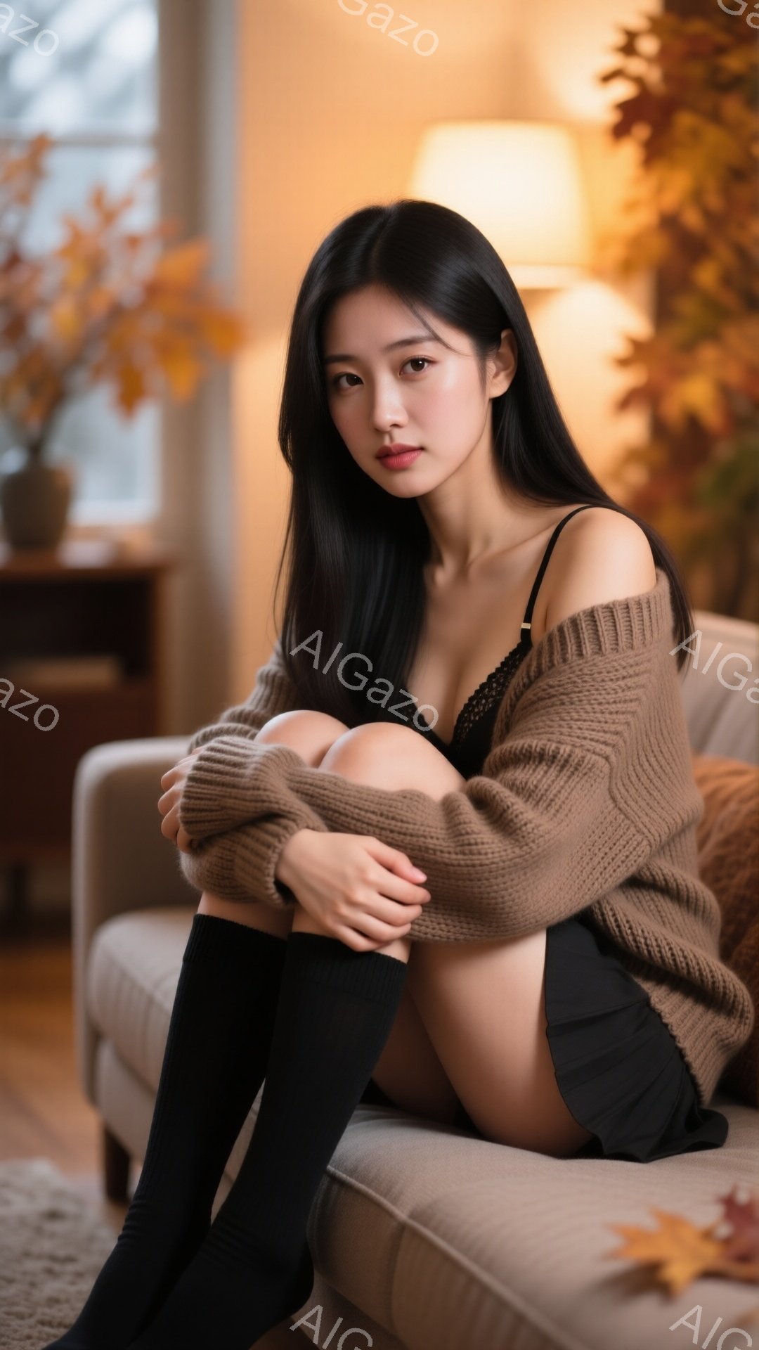 長い黒髪をなびかせ、キャミソールにオーバーサイズのニットカーディガンを羽織った女性が、膝を抱えてソファーに座っています。黒いニーハイソックスを履き、少し憂いを帯びた表情でカメラを見つめています。背景には暖色の照明と自然の葉が飾られた空間があり、秋の穏やかな雰囲気を醸し出しています。