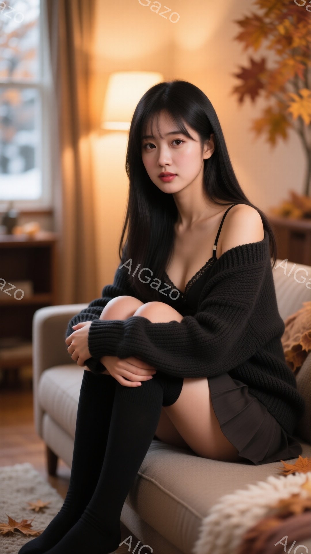 長い黒髪の女性が、ベージュ色のソファに膝を抱えて座っています。黒のニットカーディガンと、レースのキャミソール、そして膝丈のプリーツスカートを着用し、黒いニーハイソックスを履いています。背景には窓と植物 - AI生成フリー素材