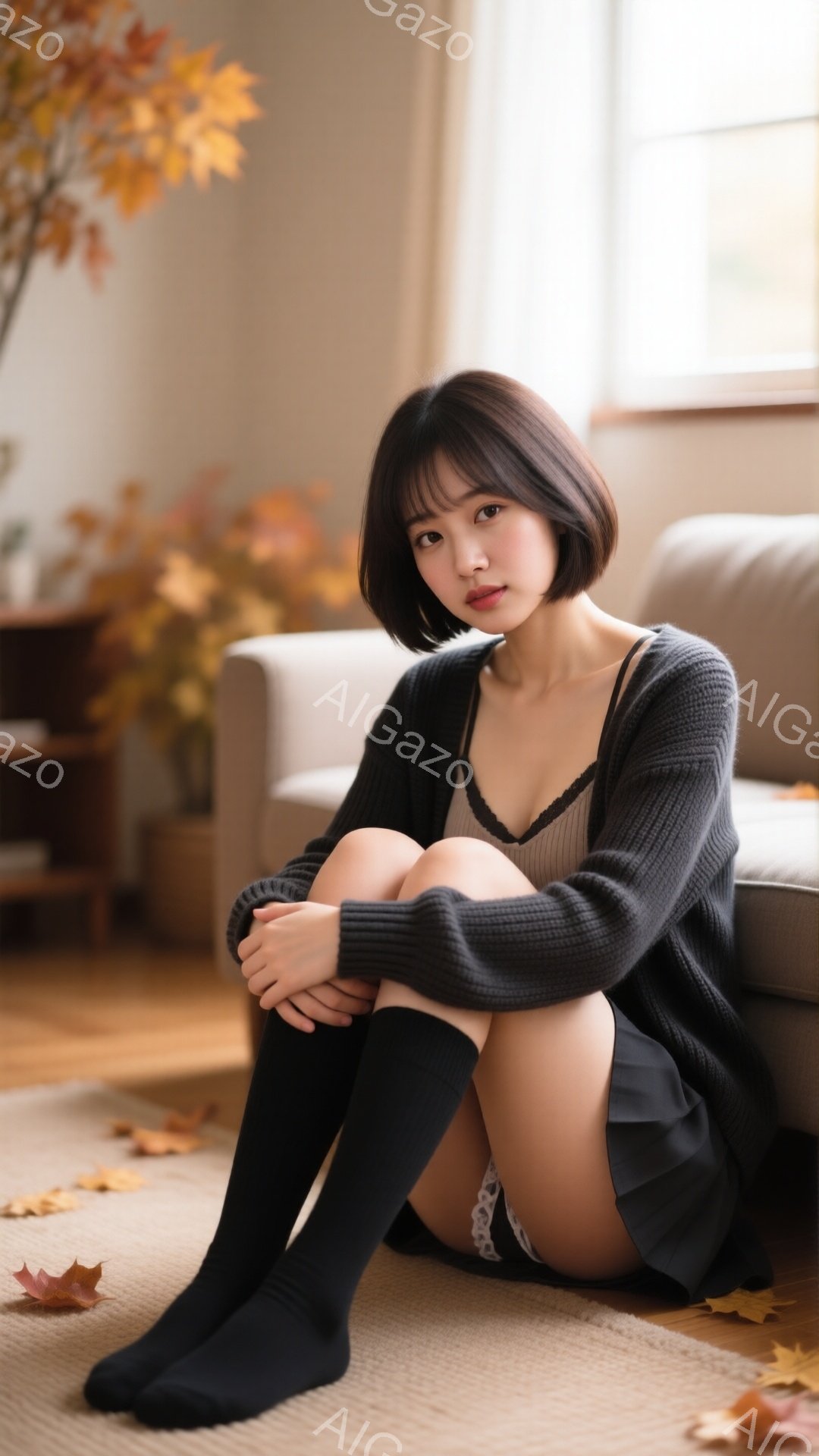 短い黒髪の女性が、膝を抱えて床に座っています。グレーのカーディガンと黒い膝下ソックスを身につけ、控えめな表情をしています。背景にはソファや植物が見え、室内は暖かく、落ち葉が散らばった秋の雰囲気を感じさせます。